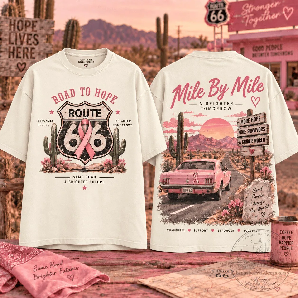 Breast Cancer Awareness Road To Hope Route 66 Mile By Mile T-Shirt