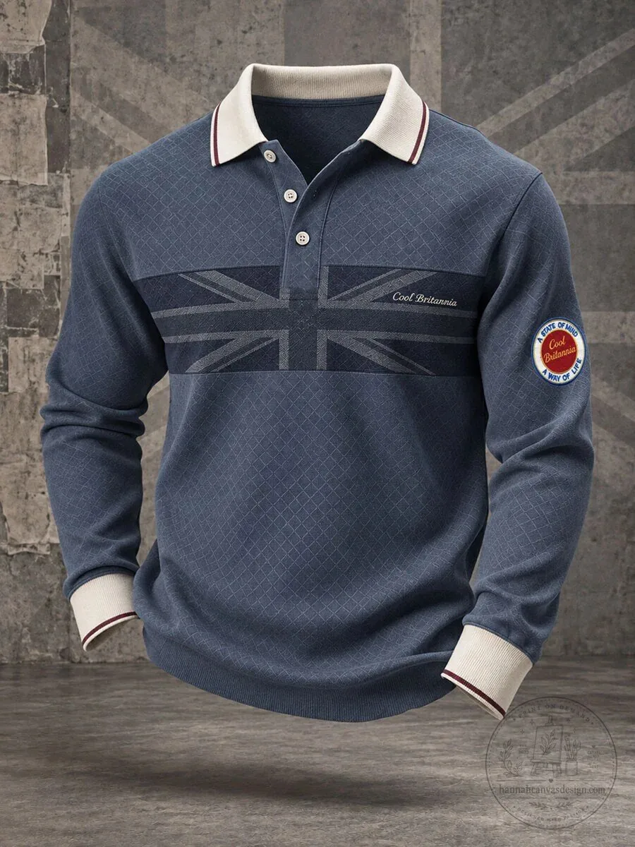 Cool Britannia Union Jack Flag Long Sleeve Polo Shirt for Men