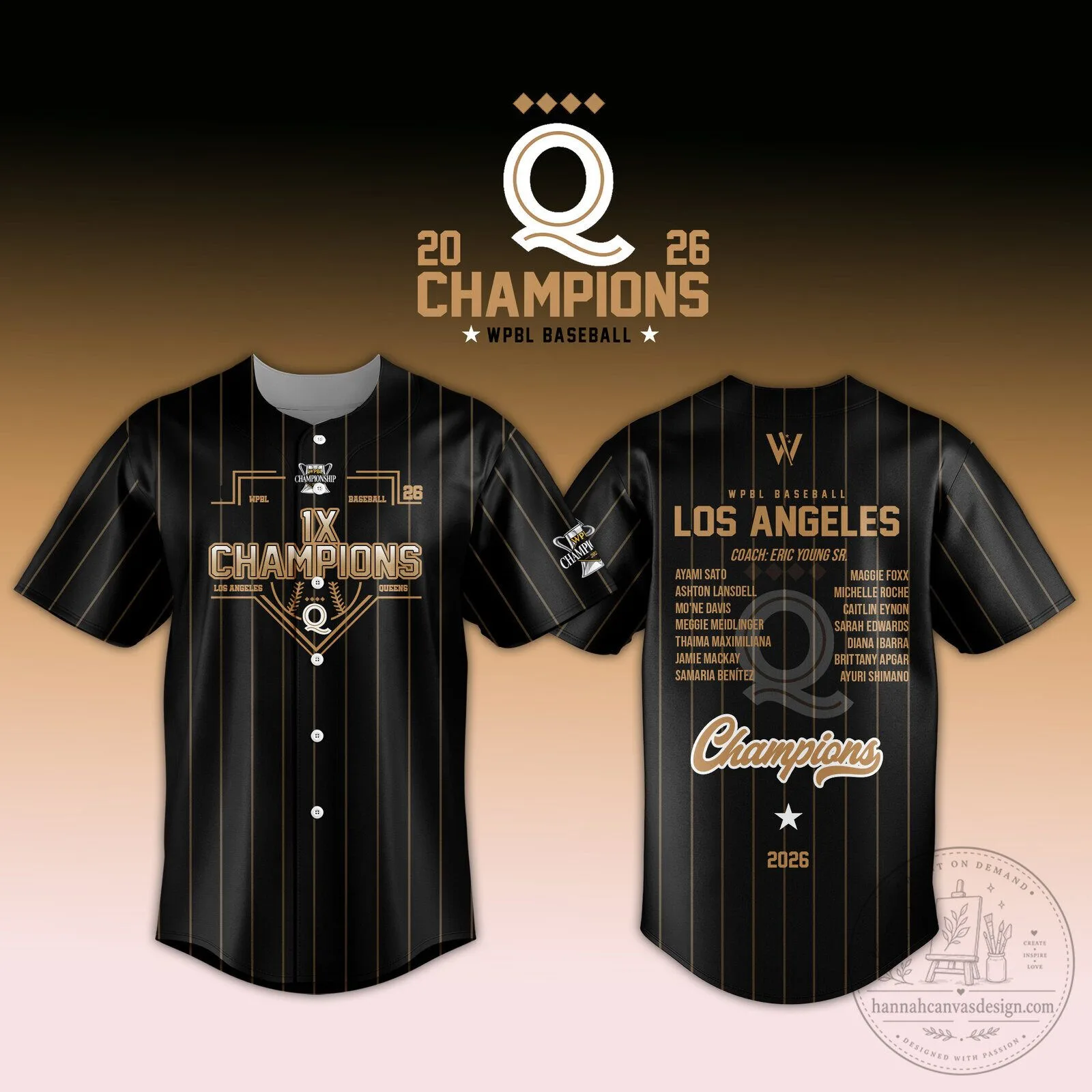 Los Angeles Queens WPBL Baseball 2026 Champions Pinstripe Jersey