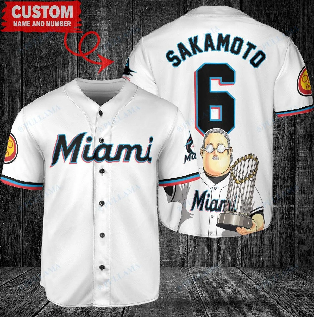 Miami Marlins Baseball Jersey with Sakamoto Days World Series Trophy Design