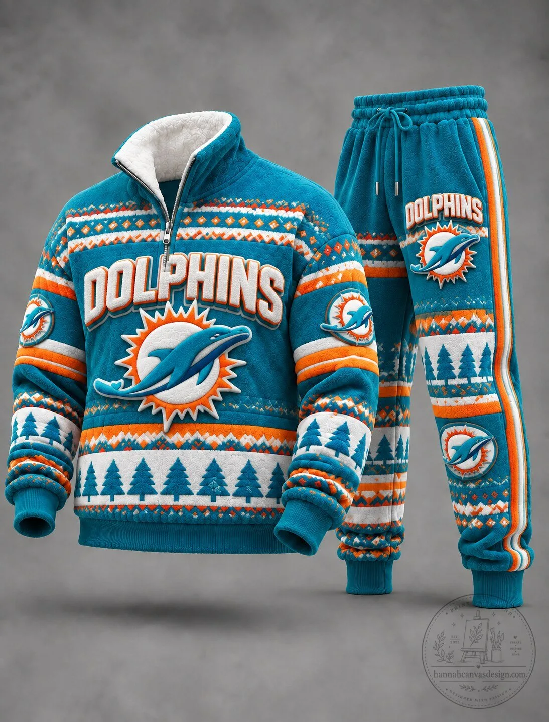 Miami Dolphins Ugly Christmas Quarter-Zip Pullover Sweatshirt and Jogger Pants Set 1 Miami Dolphins Ugly Christmas Quarter-Zip Pullover Sweatshirt and Jogger Pants Set