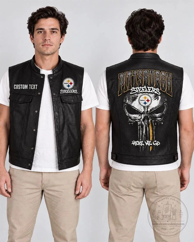 Pittsburgh Steelers Skull Graphic Black Leather Vest