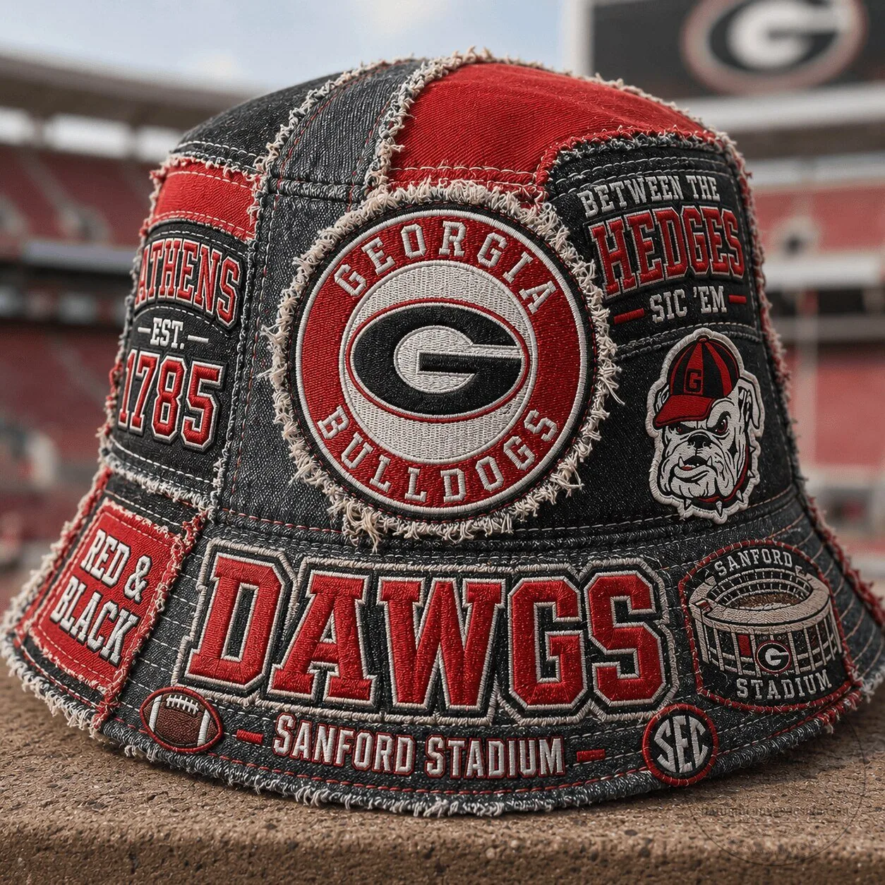 Georgia Bulldogs Patchwork Bucket Hat with Sanford Stadium Details