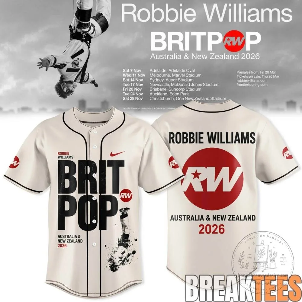 Robbie Williams Britpop World Tour Australia New Zealand 2026 Baseball Jersey 3 Robbie Williams Britpop World Tour Australia New Zealand 2026 Baseball Jersey