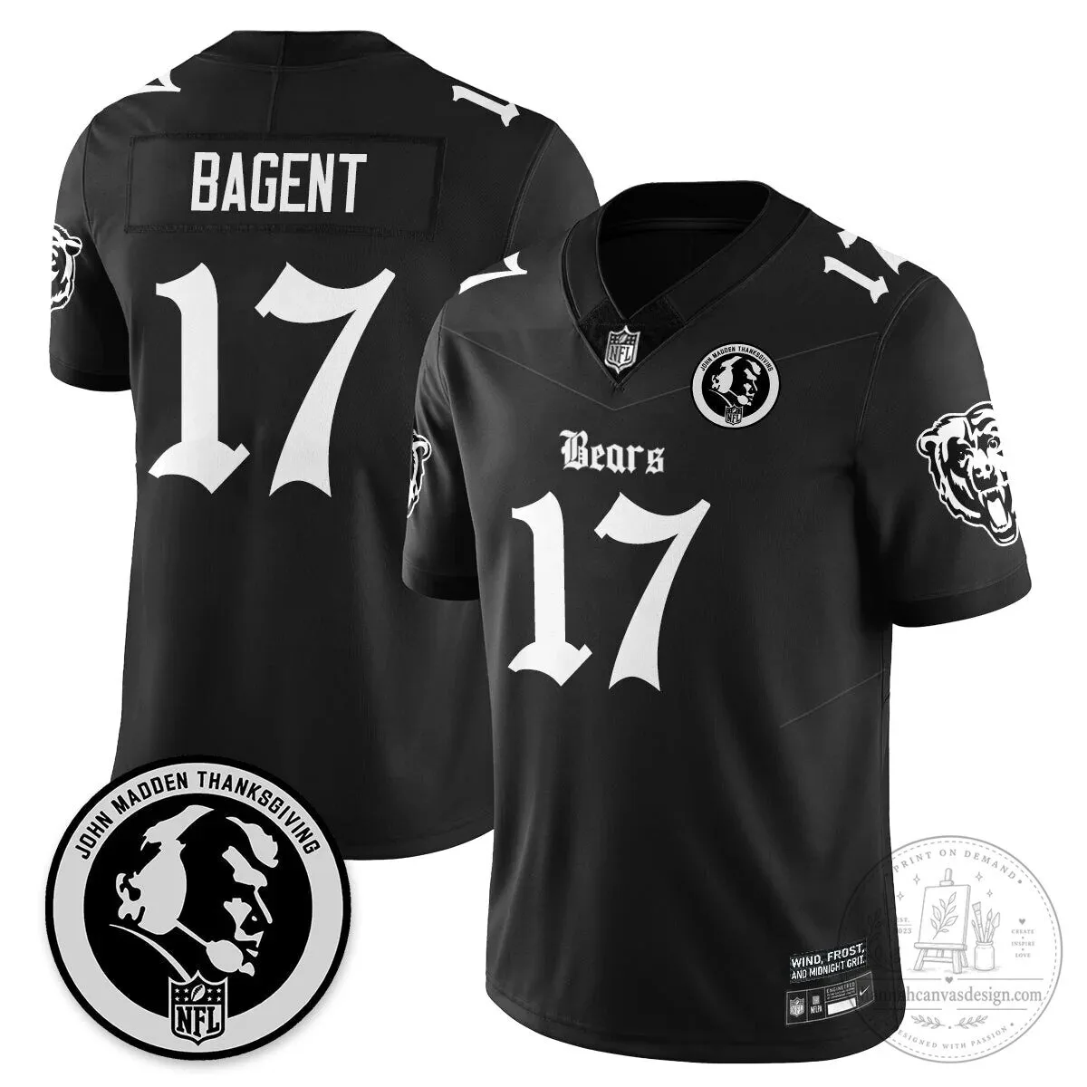 John Madden Chicago Bears Justin Fields Black Football Jersey 36 John Madden Chicago Bears Justin Fields Black Football Jersey
