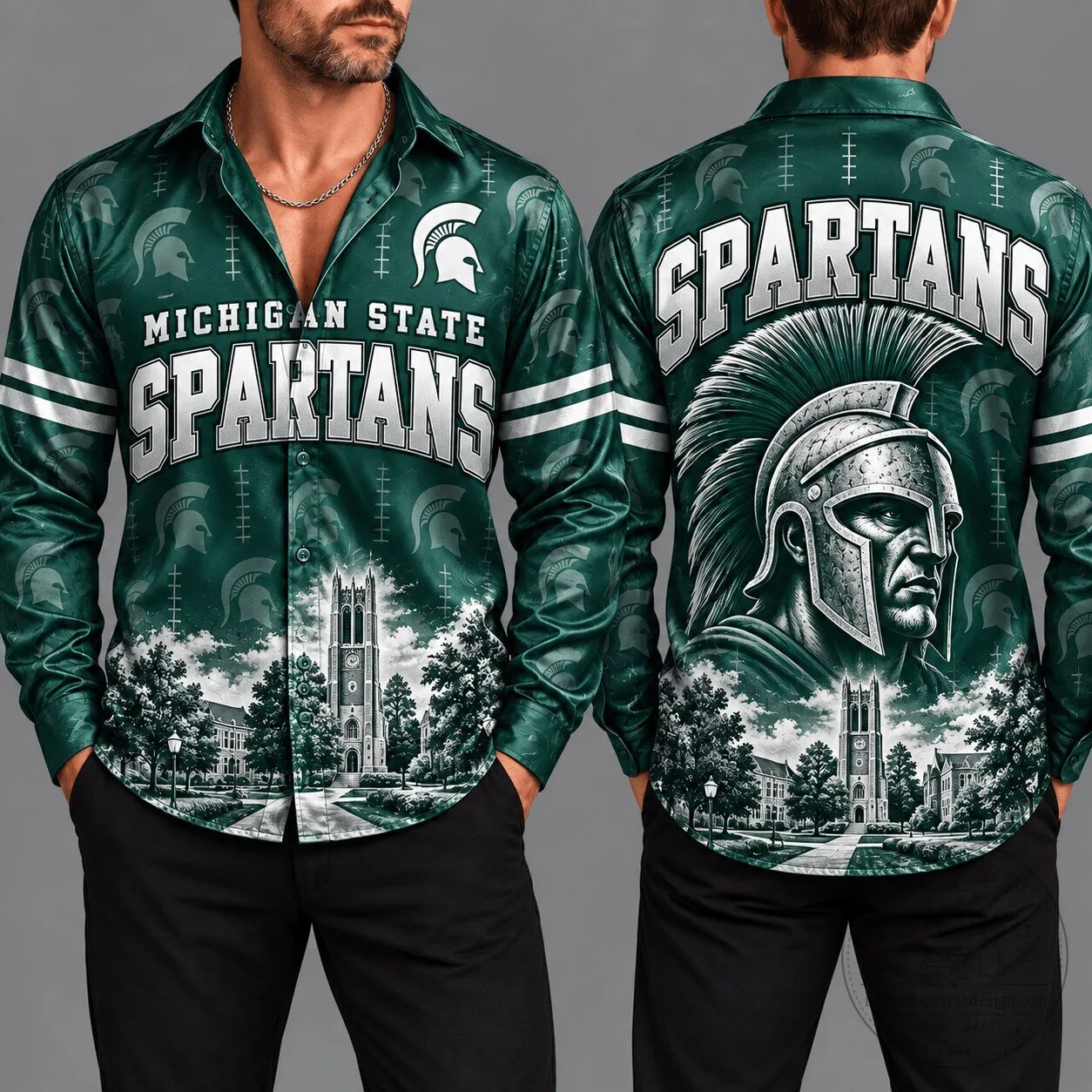 Michigan State Spartans Football Team Green Long-Sleeve Button-Up Shirt