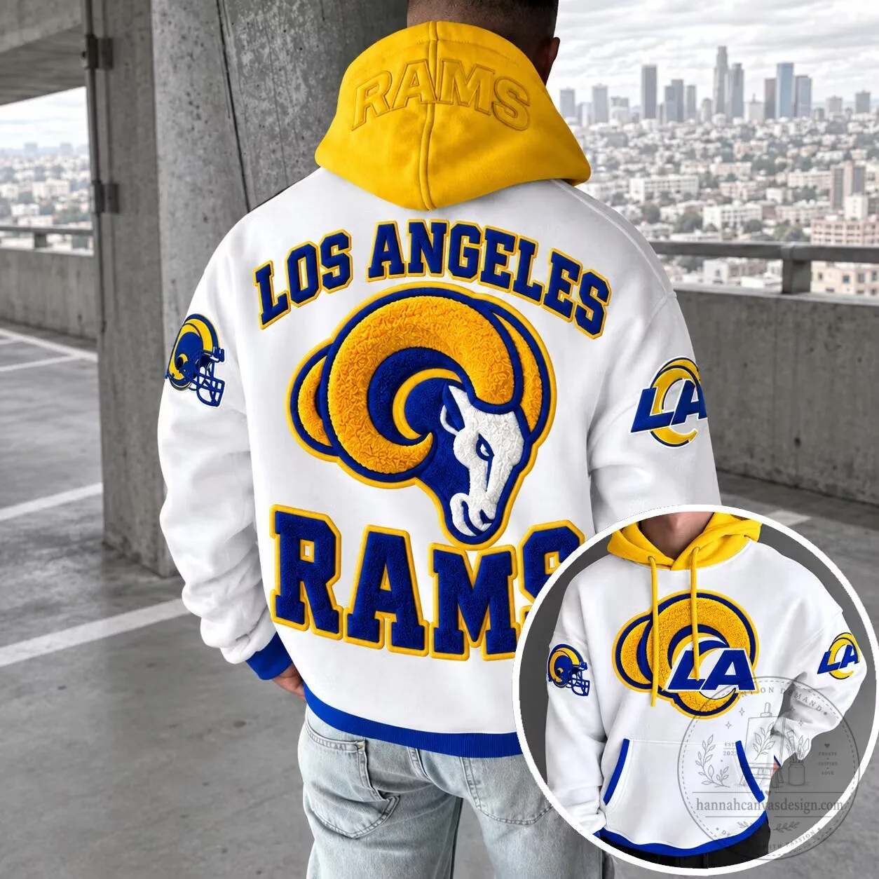 Los Angeles Rams Football Team Logo Embroidered White Hoodie
