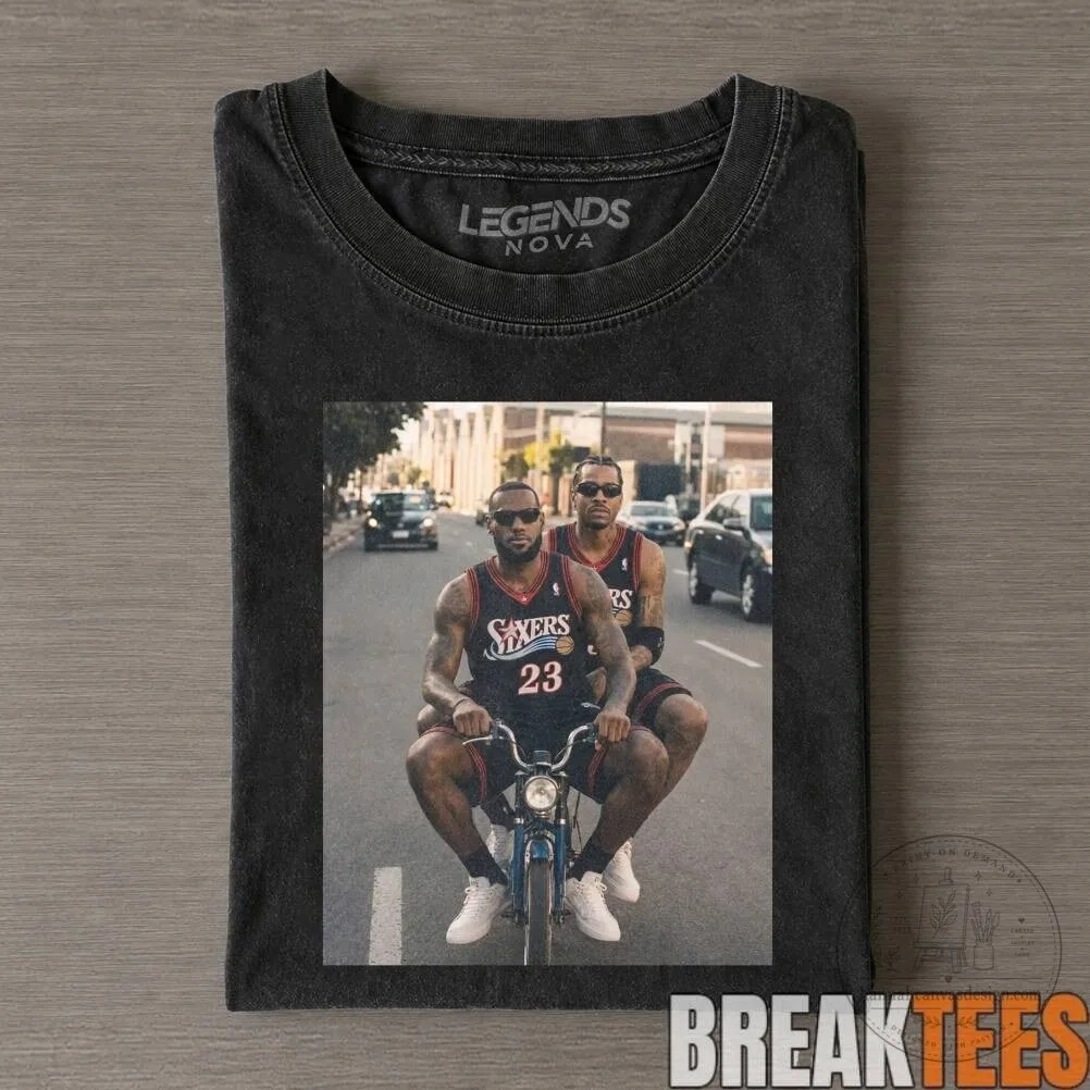 LeBron James and Allen Iverson Riding Bicycle Funny Black T-Shirt