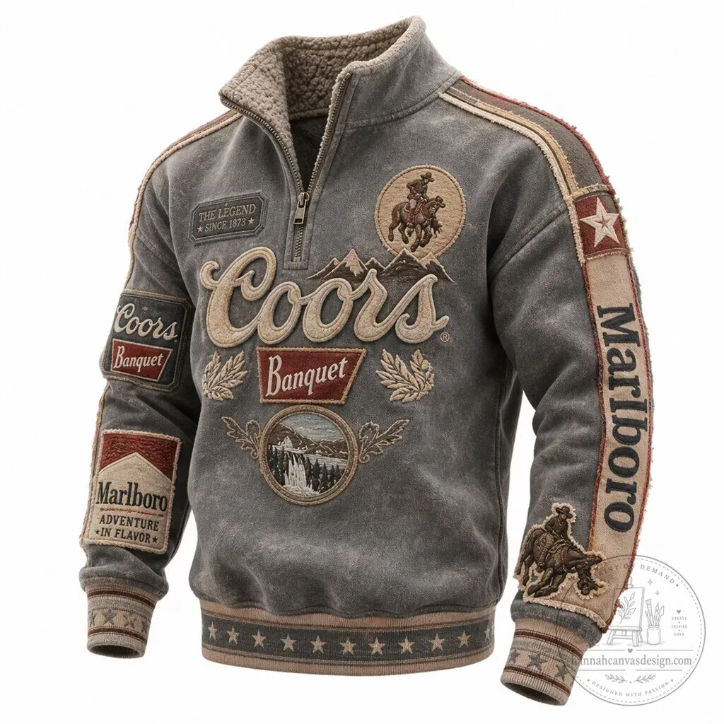 Vintage Coors Banquet Beer Marlboro Western Style Quarter Zip Sweatshirt