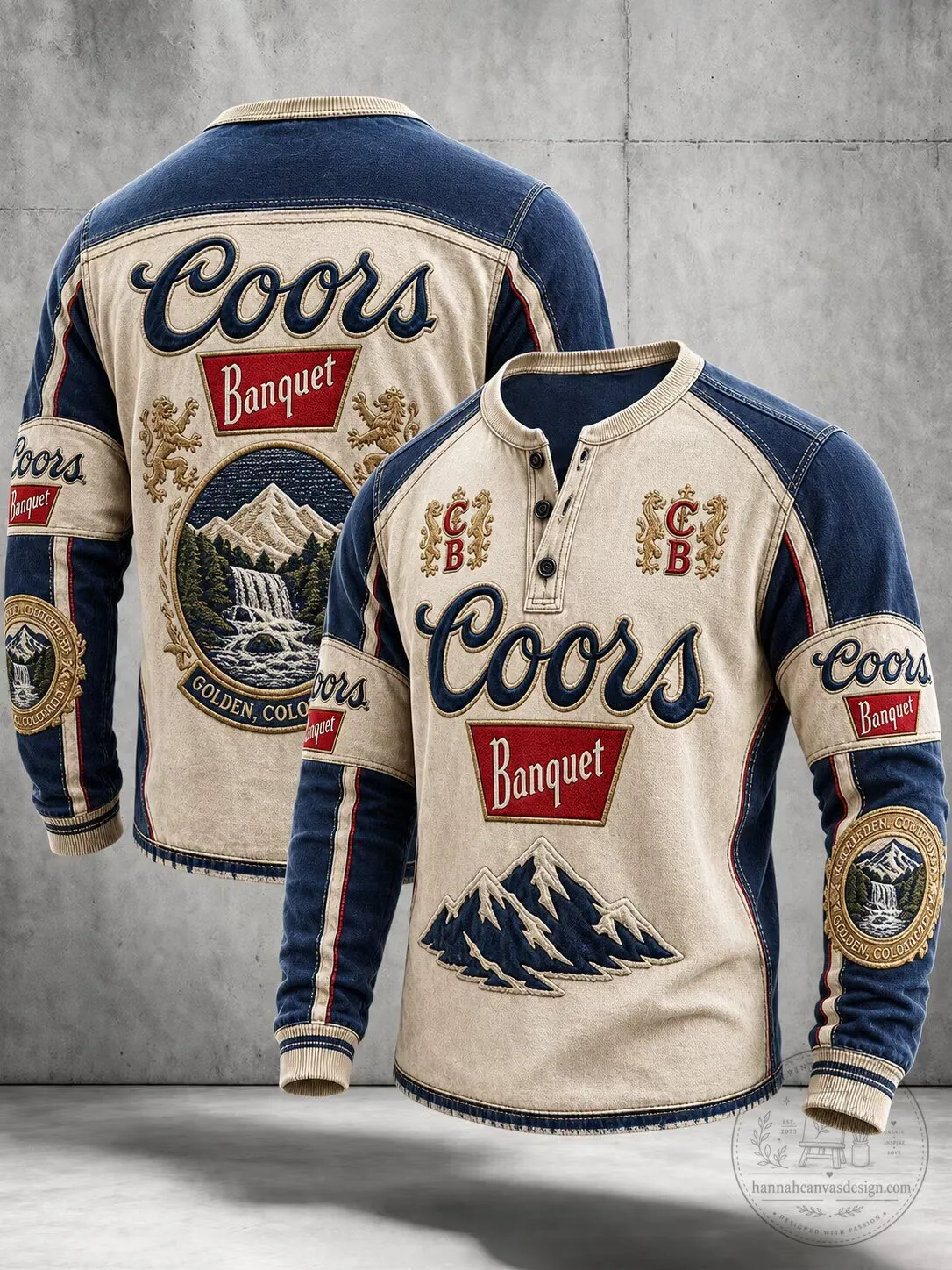 Coors Banquet Beer Golden Colorado Vintage Style Long-Sleeve Henley Shirt