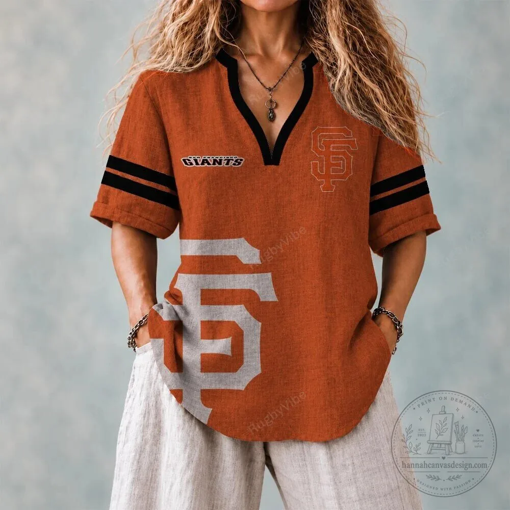 San Francisco Giants Baseball Team Orange V-Neck Short Sleeve T-Shirt