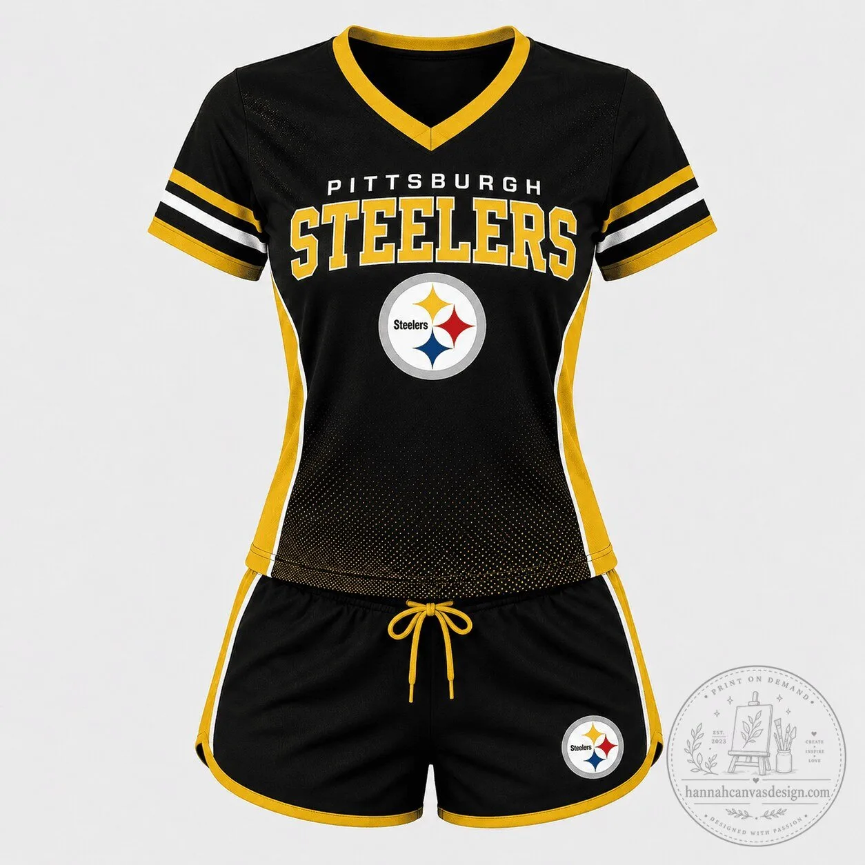 Pittsburgh Steelers Women's Black and Gold Football Team V-Neck T-Shirt and Shorts Set