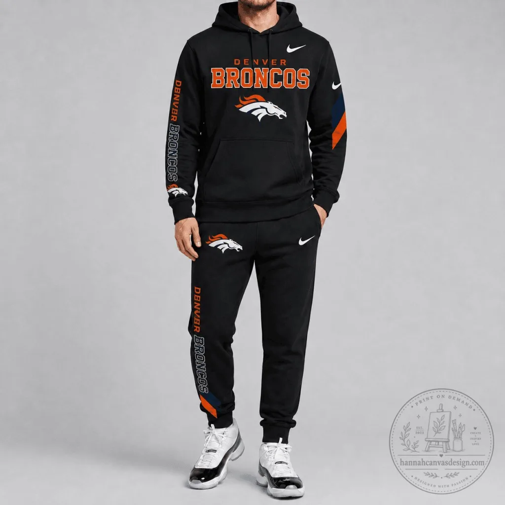 Denver Broncos National Football League Team Logo Black Hoodie and Sweatpants Set Denver Broncos National Football League Team Logo Black Hoodie and Sweatpants Set