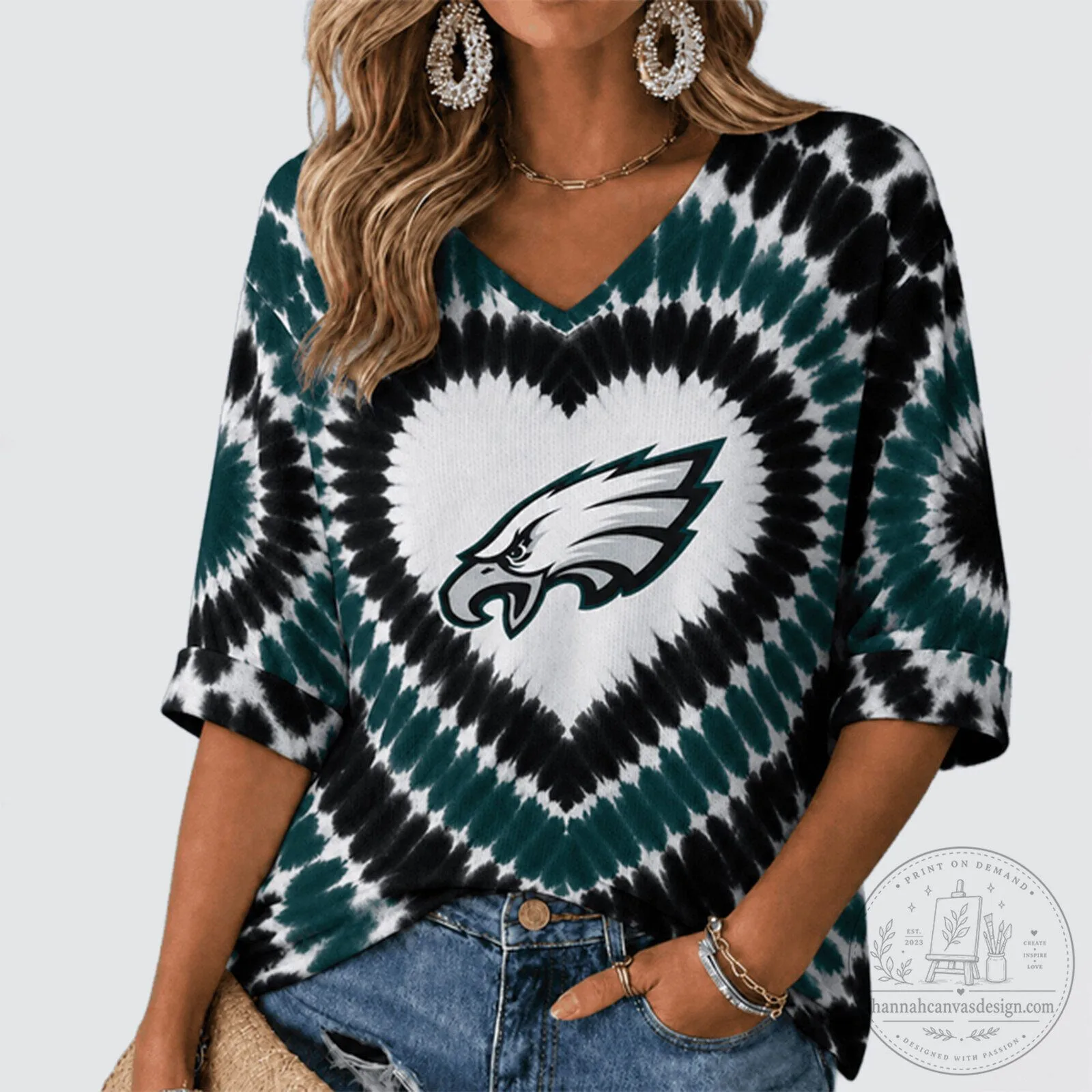 Philadelphia Eagles Heart Tie Dye V-Neck Long Sleeve T-Shirt