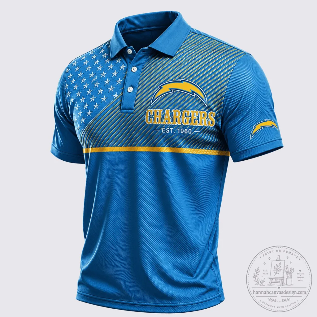 Los Angeles Chargers Stars and Stripes American Flag Polo Shirt Los Angeles Chargers Stars and Stripes American Flag Polo Shirt