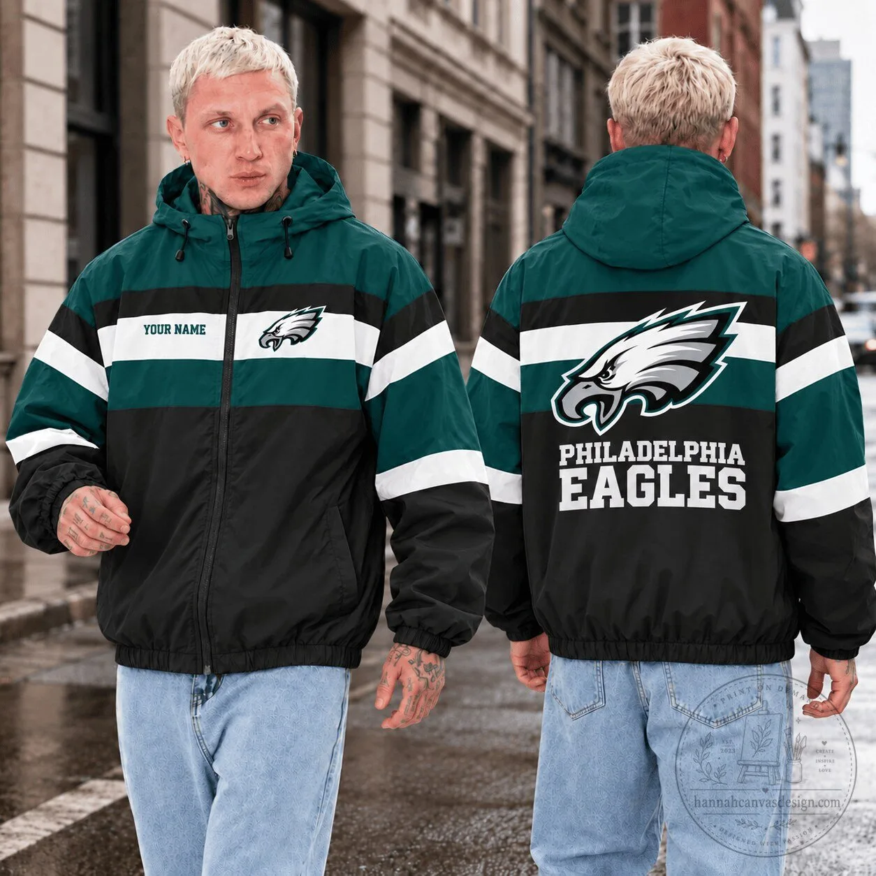 Philadelphia Eagles Fan Custom Name Black and Green Outdoor Jacket
