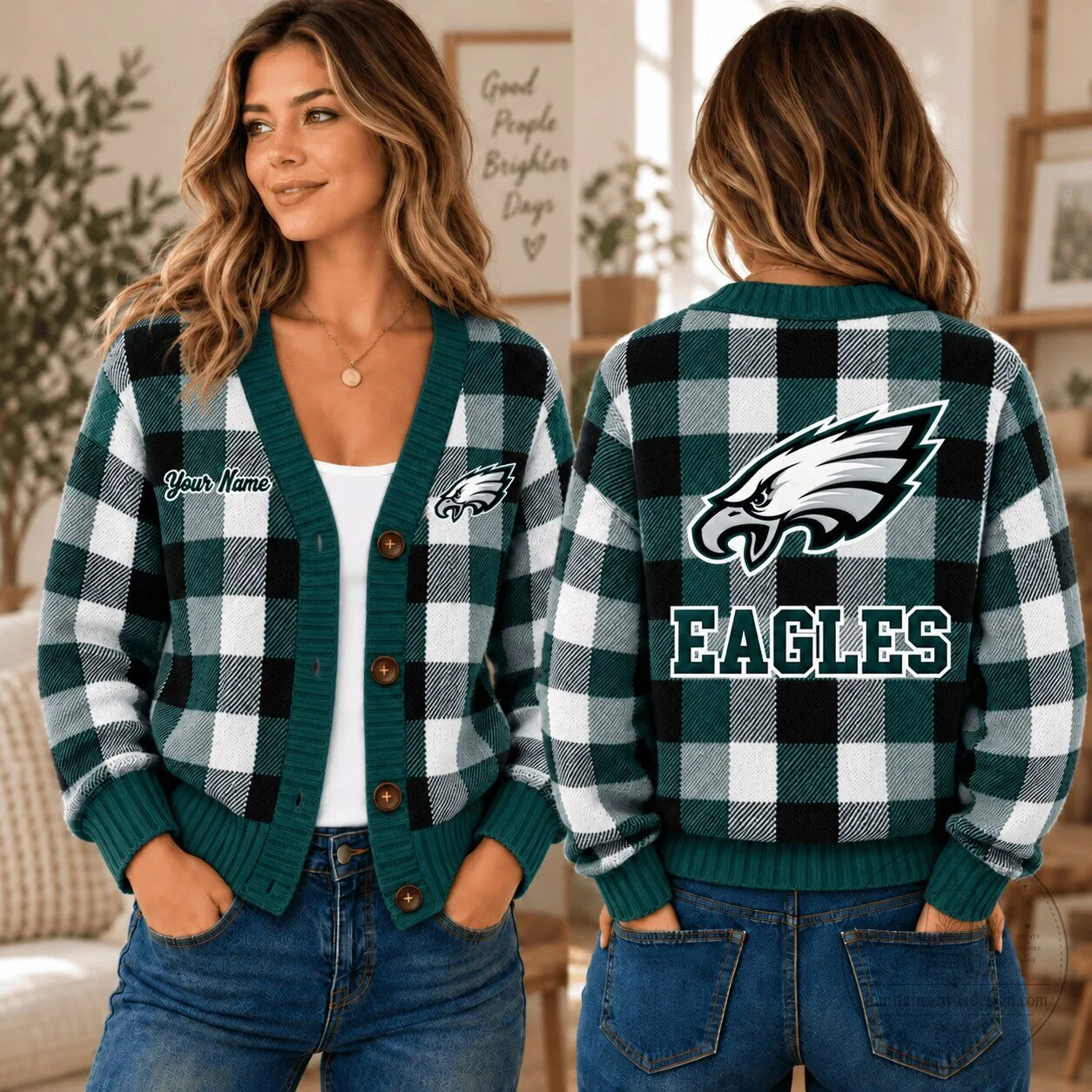 Philadelphia Eagles Fan Plaid Custom Name Cardigan Sweater