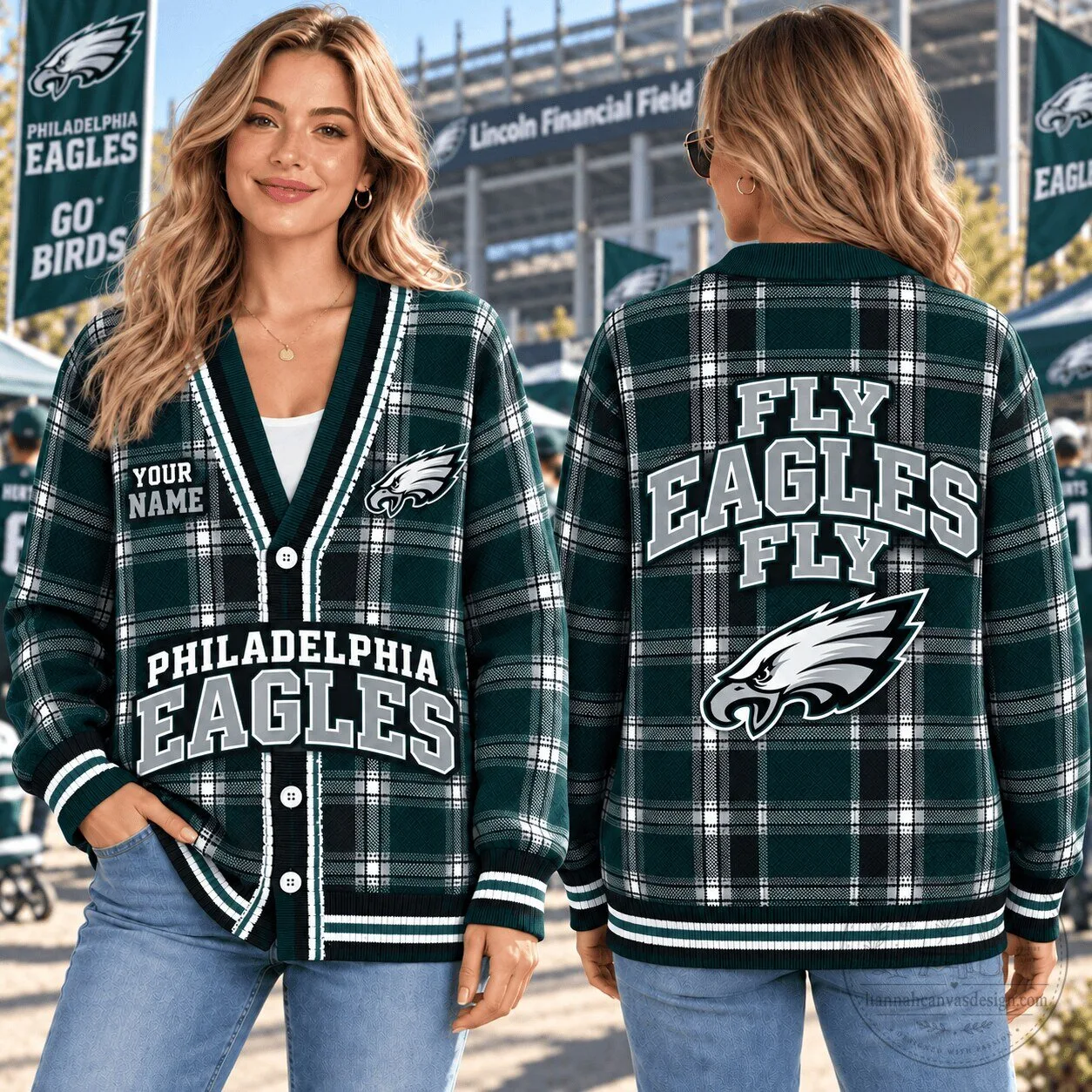 Philadelphia Eagles Fan Plaid Cardigan Custom Name Gift for Women