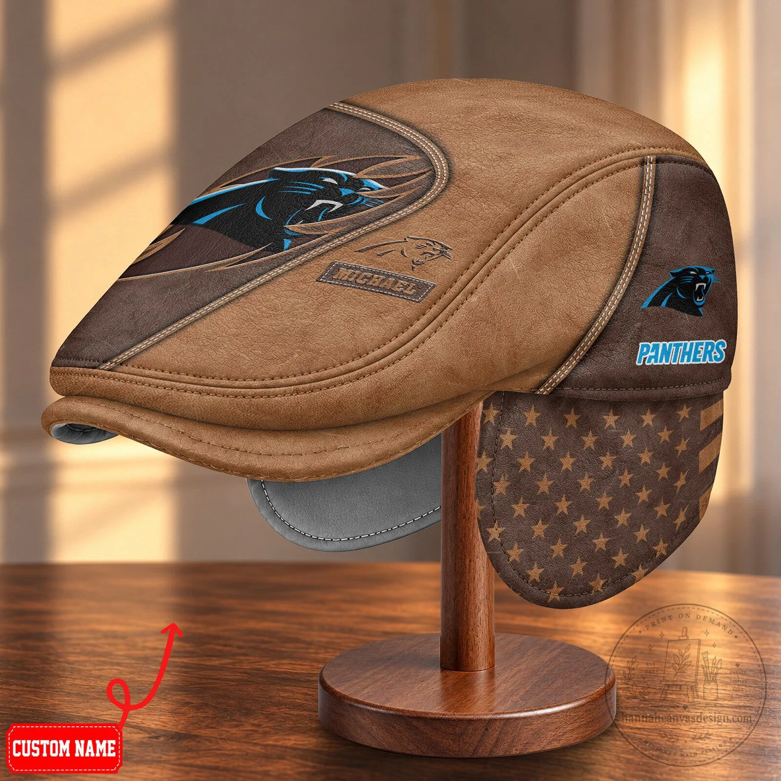 Carolina Panthers NFL Flat Cap with Foldable Ear Flaps and Custom Name