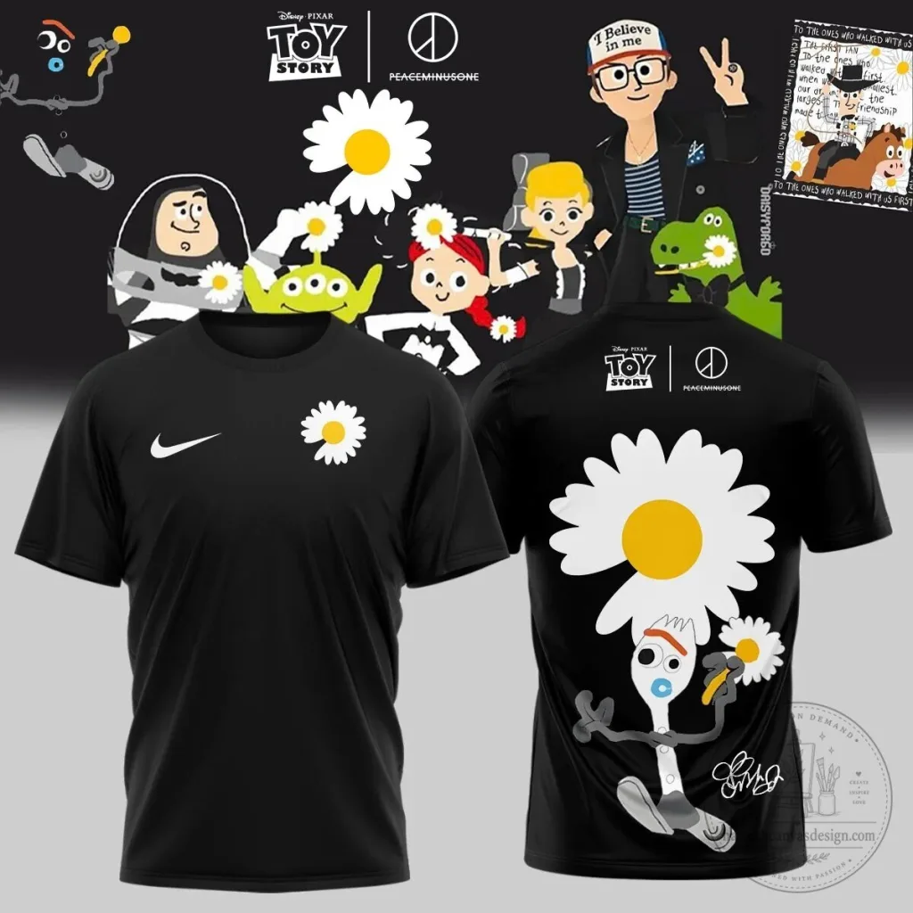 Black Graphic T-Shirt featuring Daisy Flower from Toy Story Peaceminusone Black Graphic T-Shirt featuring Daisy Flower from Toy Story Peaceminusone