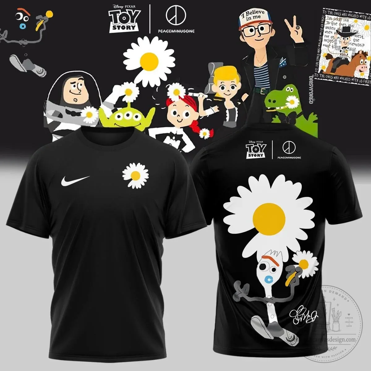 Black Graphic T-Shirt featuring Daisy Flower from Toy Story Peaceminusone