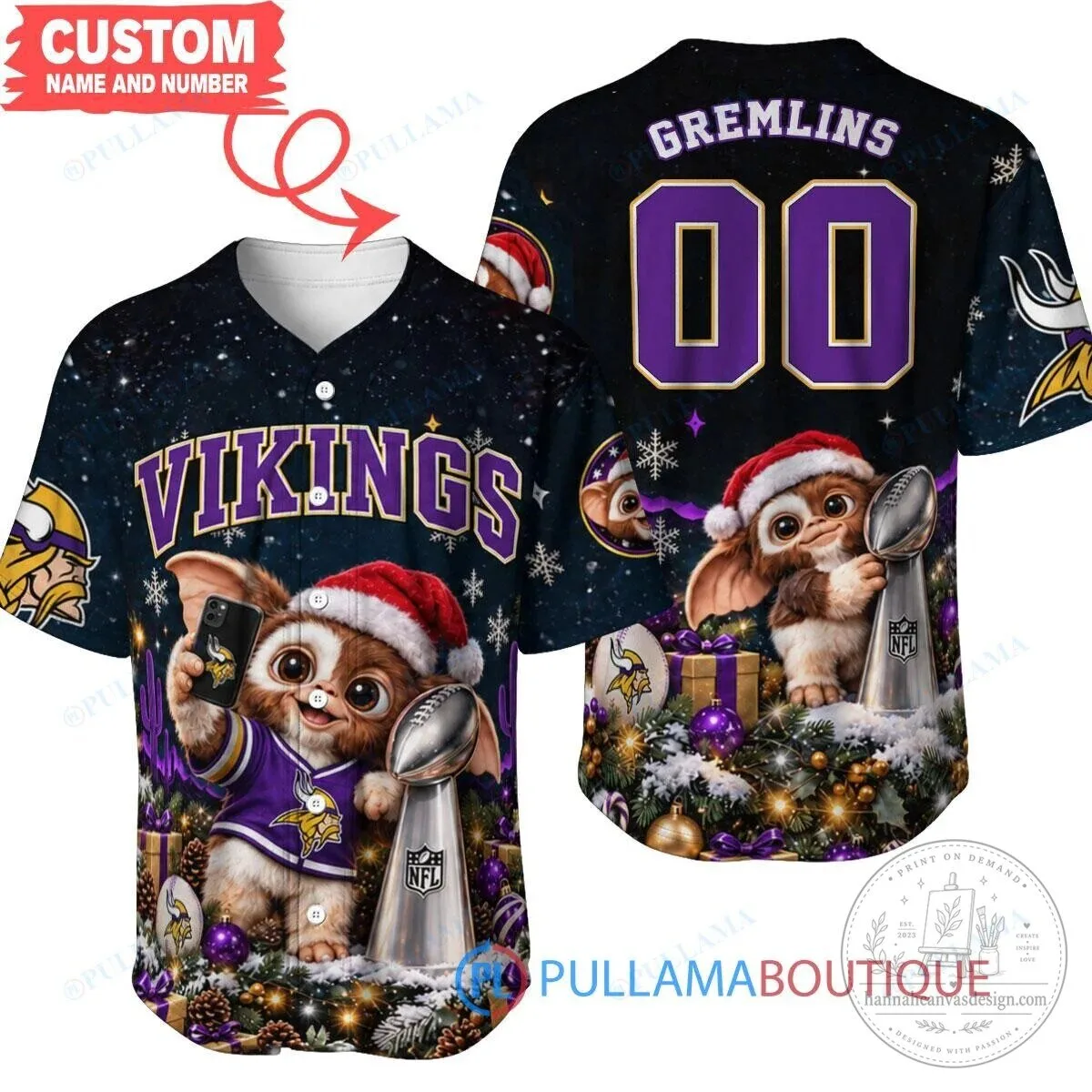 Minnesota Vikings Gremlins Gizmo Christmas Super Bowl Trophy Baseball Jersey