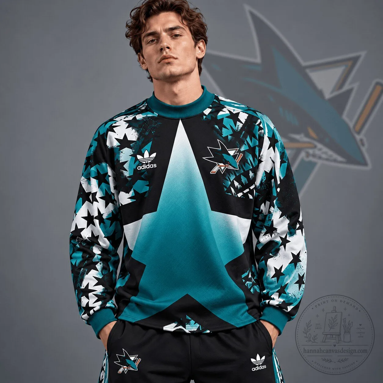 San Jose Sharks Teal Starburst Patterned Crewneck Sweatshirt
