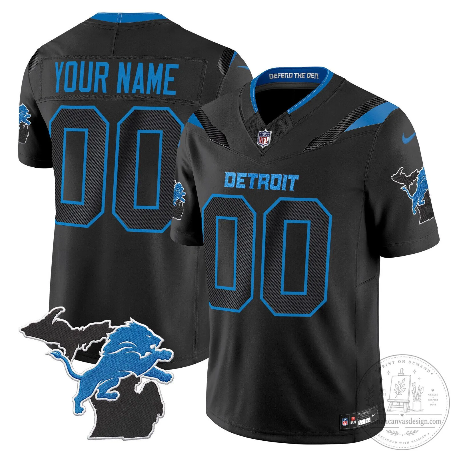 Detroit Lions Black Custom Name and Number American Football Jersey
