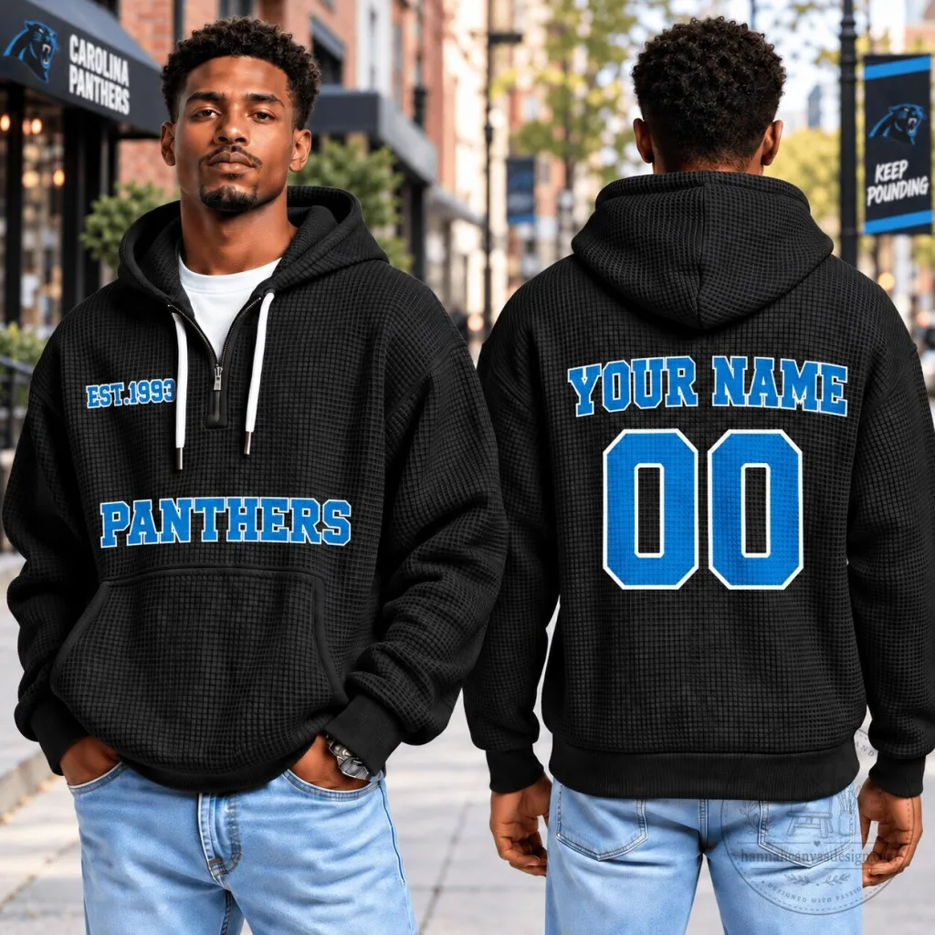 Carolina Panthers Football Team Quarter Zip Waffle Knit Hoodie Carolina Panthers Football Team Quarter Zip Waffle Knit Hoodie