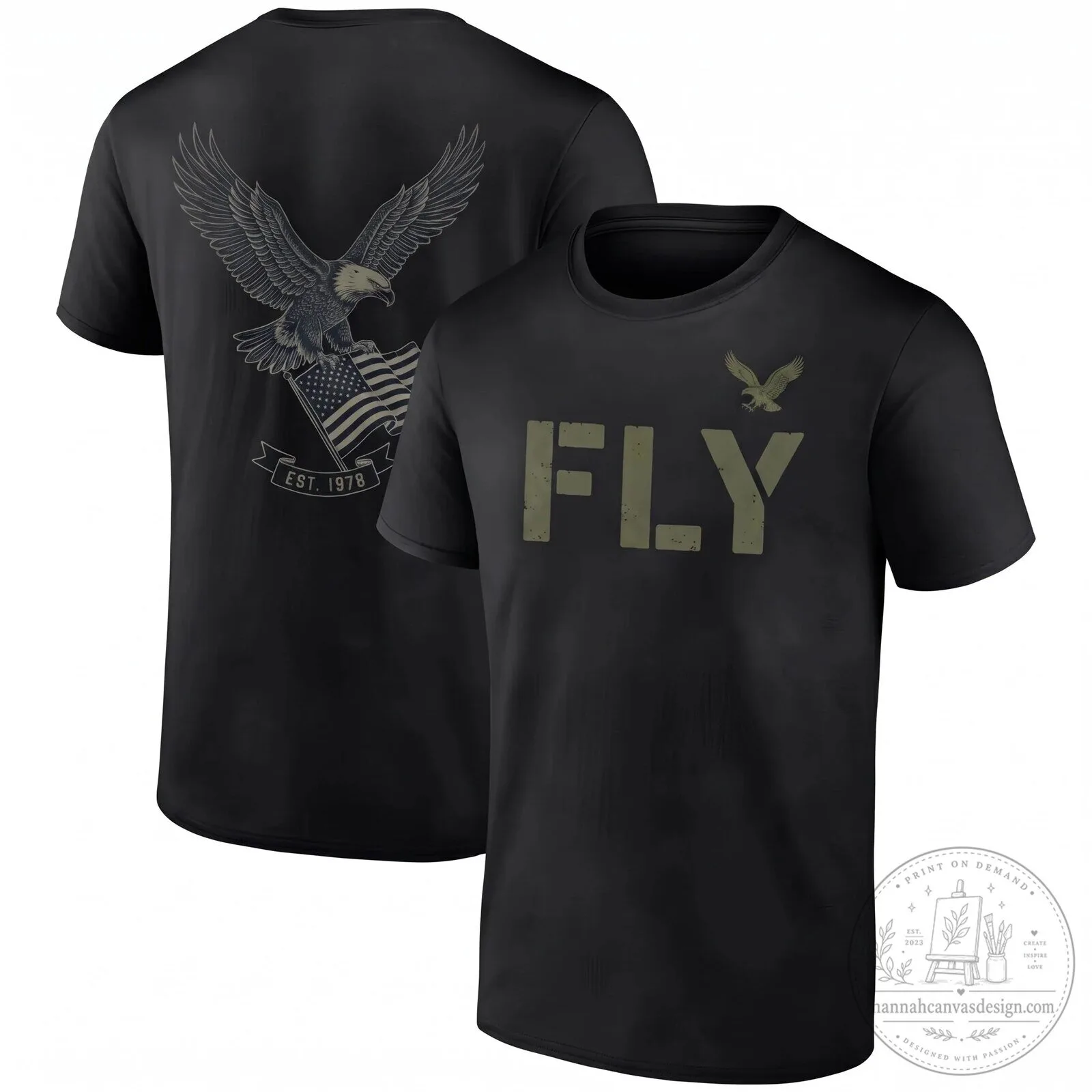 Black T-Shirt Honoring Service - American Eagle Fly Established 1978 Patriotic Design