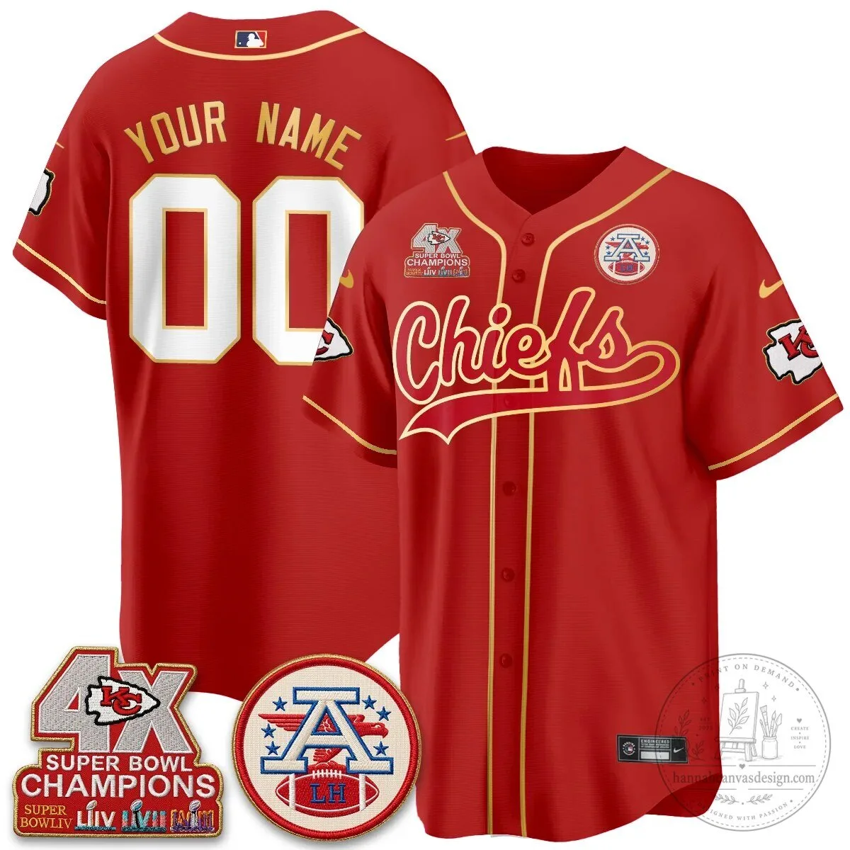 Kansas City Chiefs Super Bowl Champions Four Times Gold Trim Edition Baseball Jersey