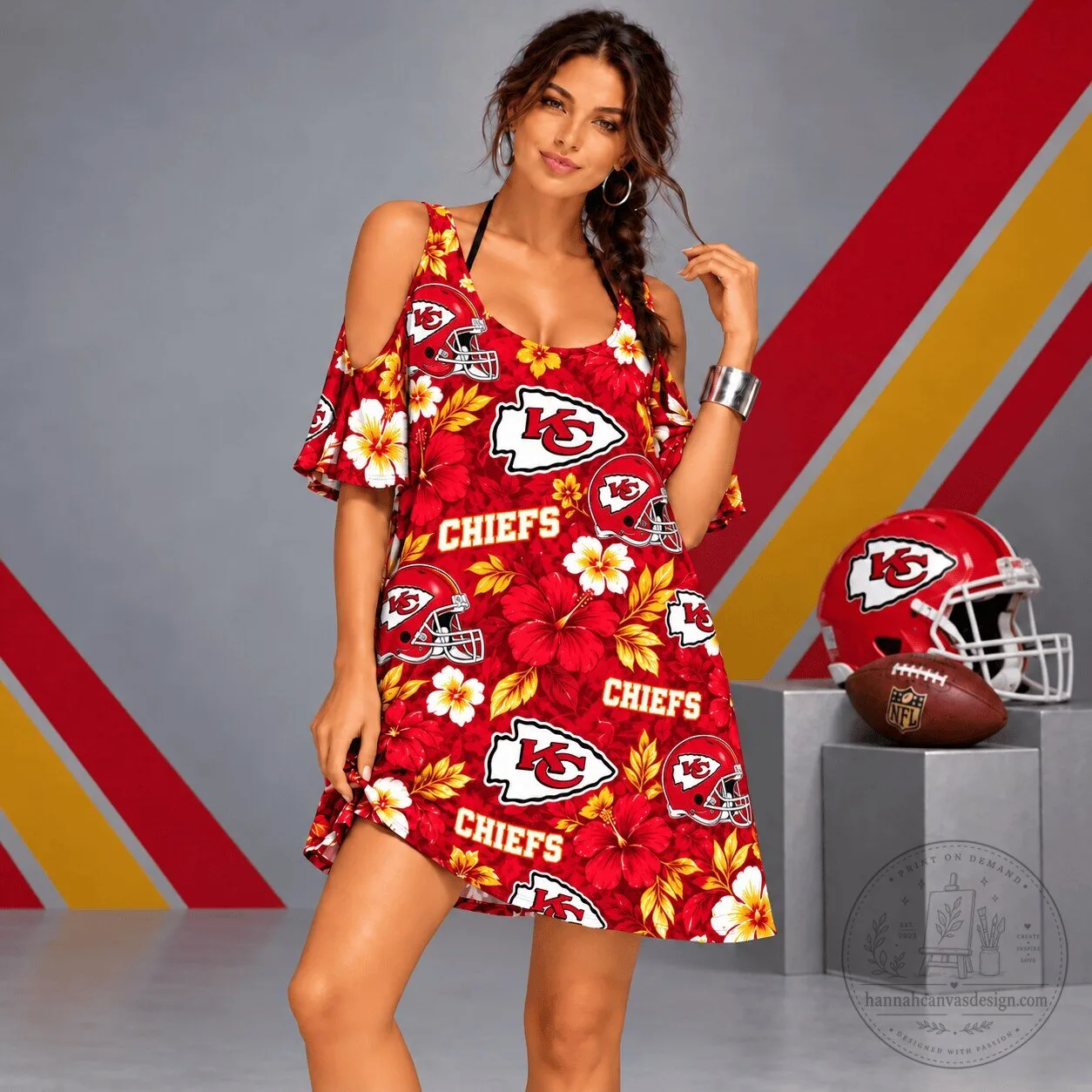 Kansas City Chiefs Floral Cold Shoulder Dress for Women
