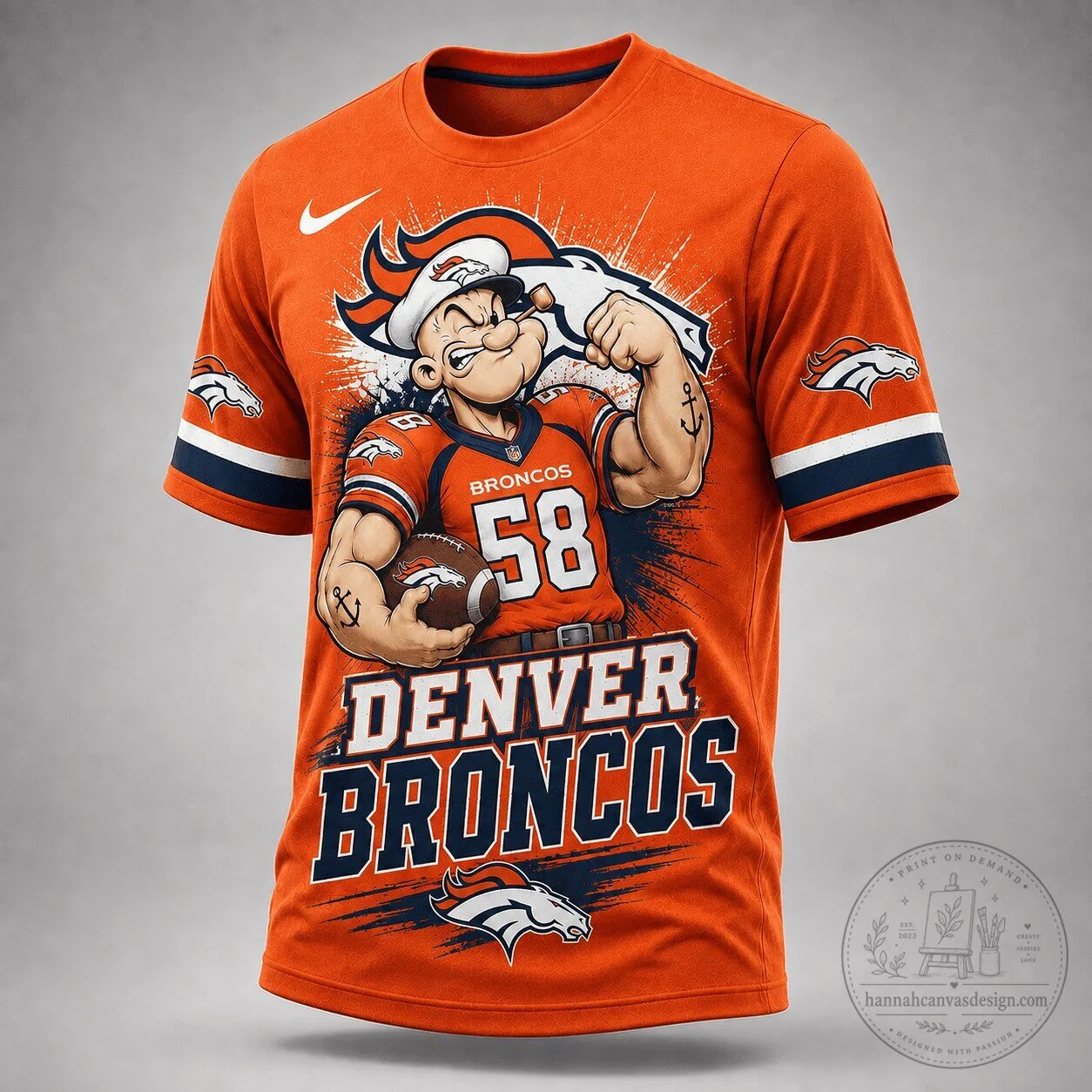 Denver Broncos Popeye Cartoon Football Team Orange T-Shirt