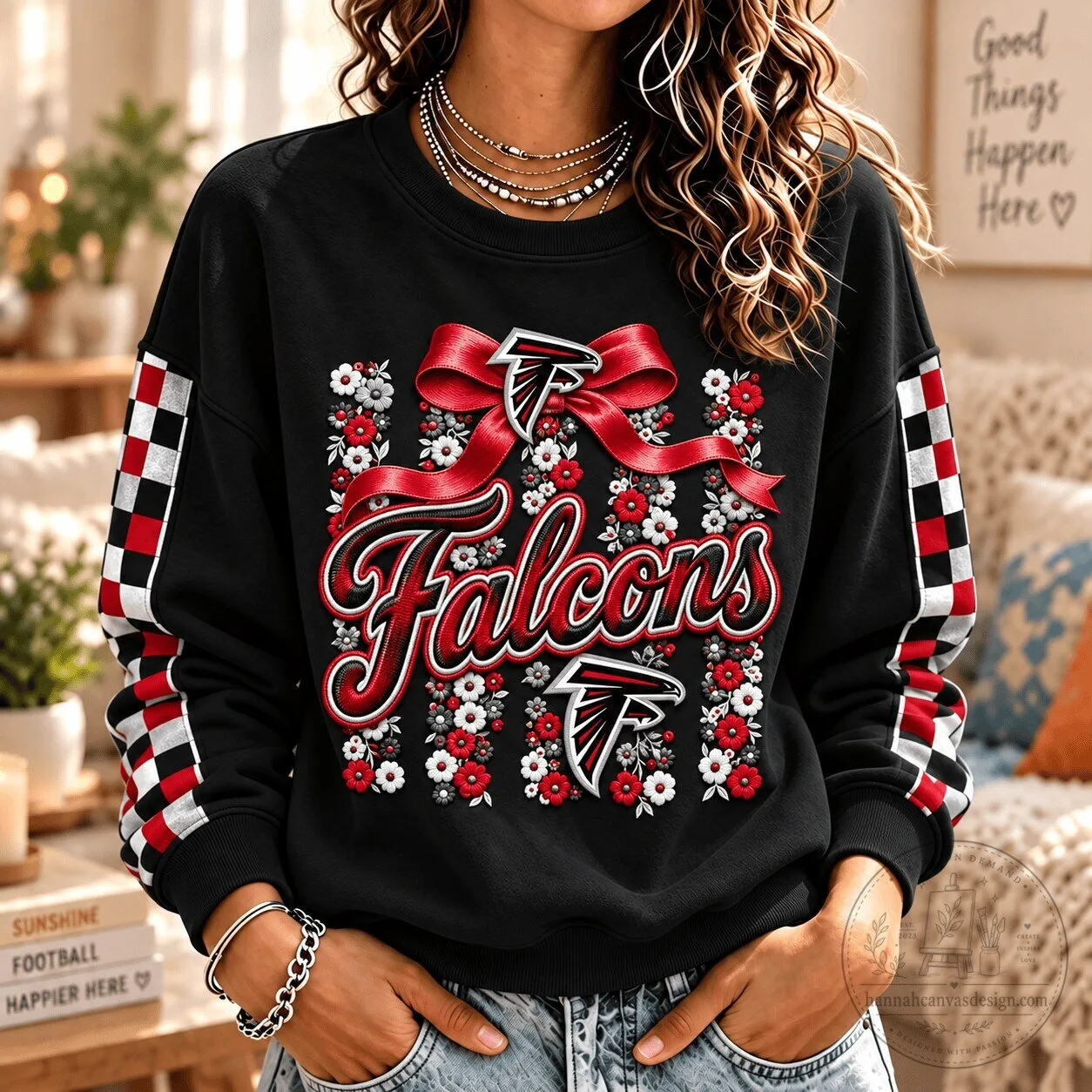 Atlanta Falcons Football Team Floral Checkered Pattern Black Sweatshirt
