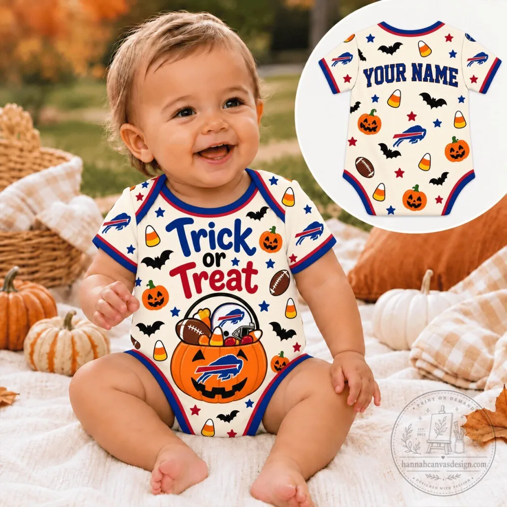 Buffalo Bills Halloween Trick or Treat Personalized Baby Romper Buffalo Bills Halloween Trick or Treat Personalized Baby Romper