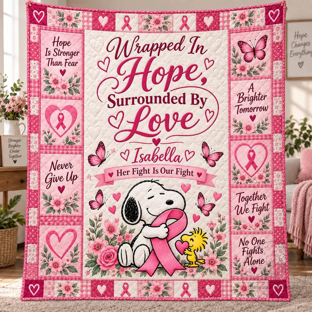 Snoopy Breast Cancer Awareness Personalized Quilt Snoopy Breast Cancer Awareness Personalized Quilt