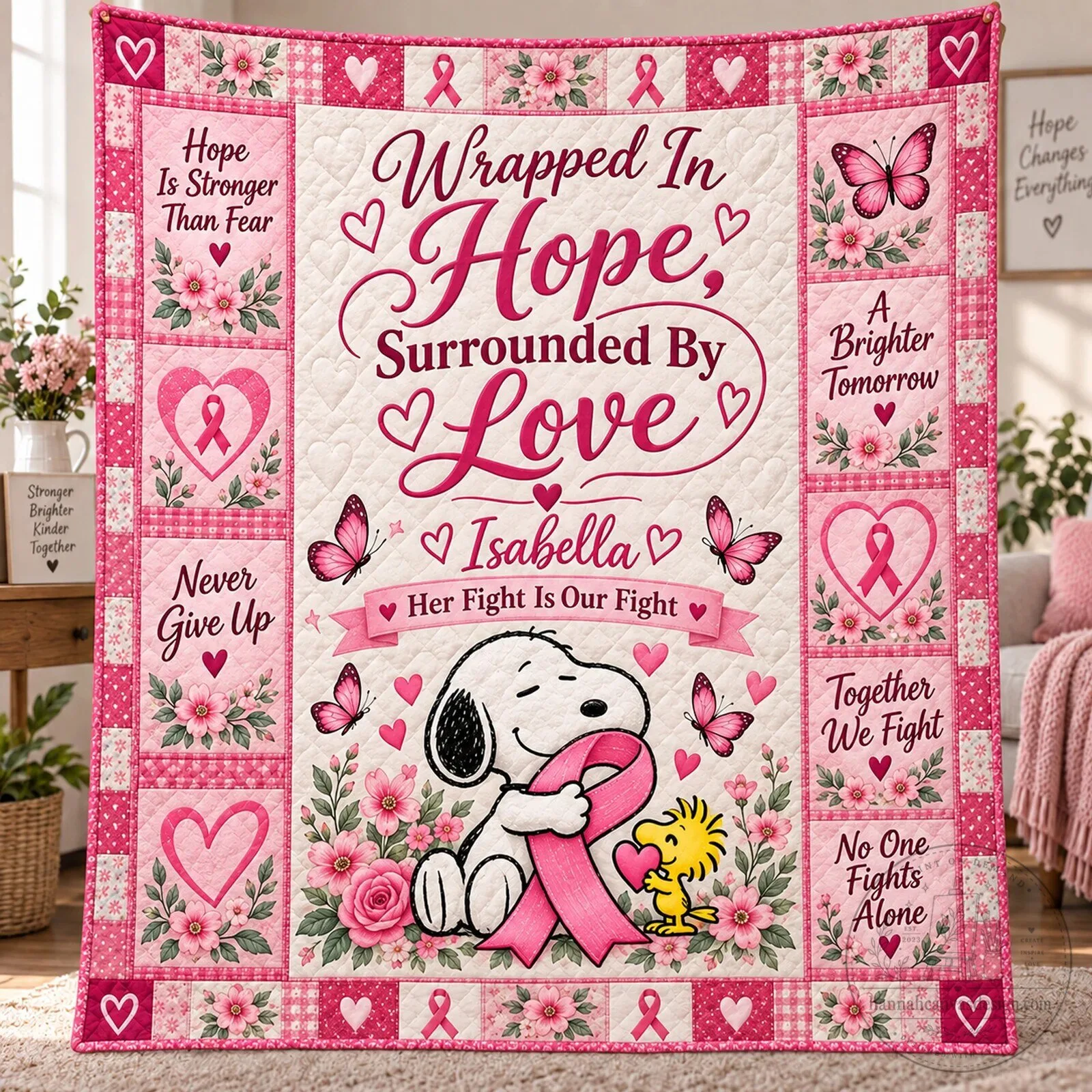 Snoopy Breast Cancer Awareness Personalized Quilt