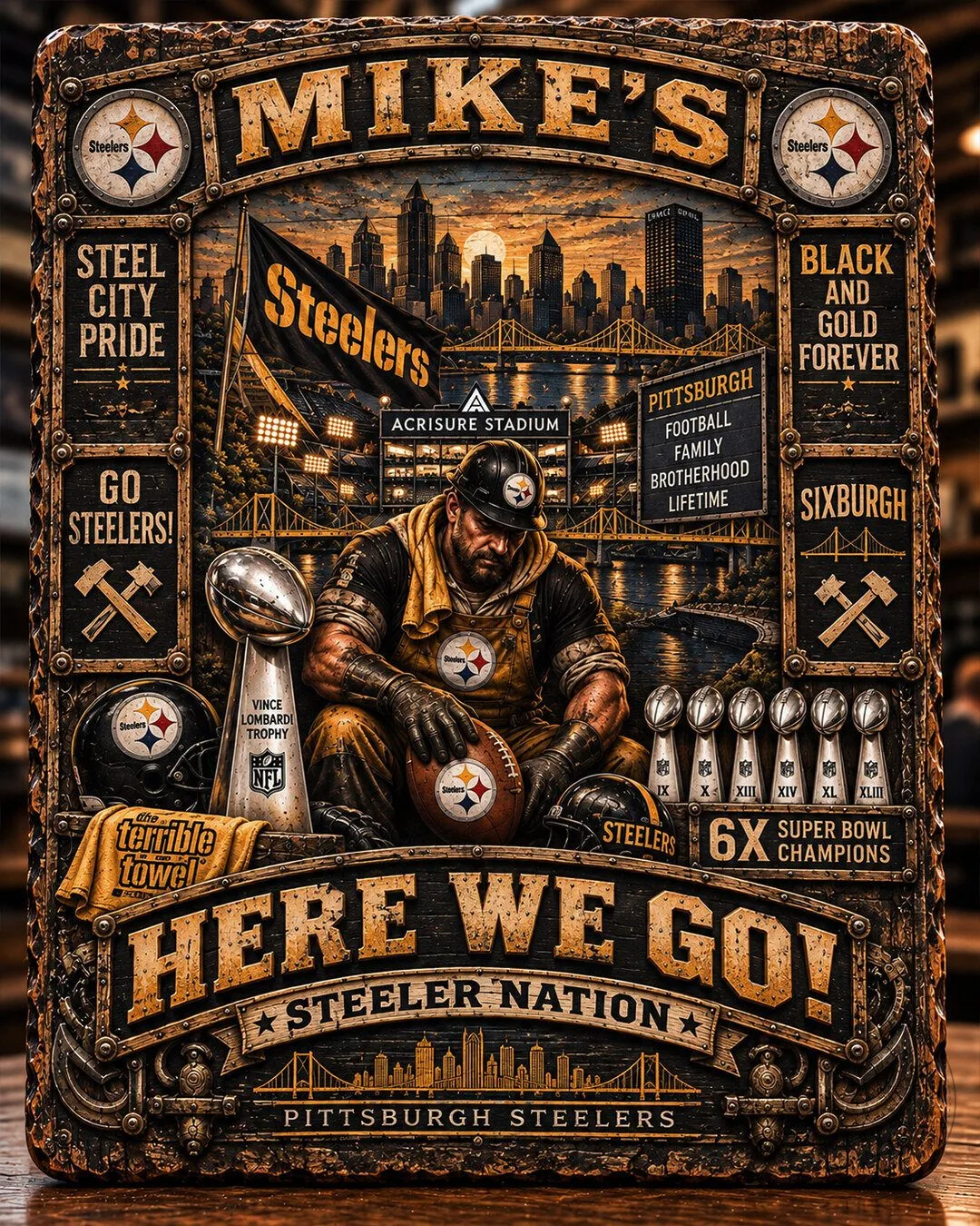 Pittsburgh Steelers Football Team Super Bowl Champions Wooden Wall Art