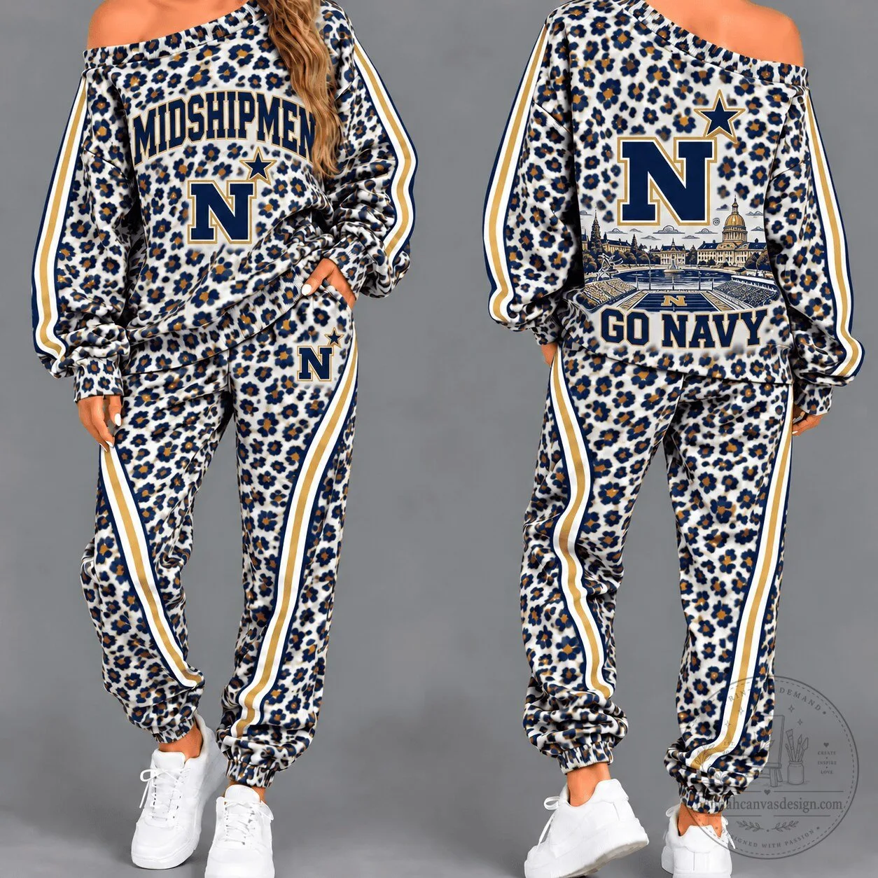Navy Midshipmen Leopard Print Off Shoulder Sweatshirt and Pants Tracksuit Set
