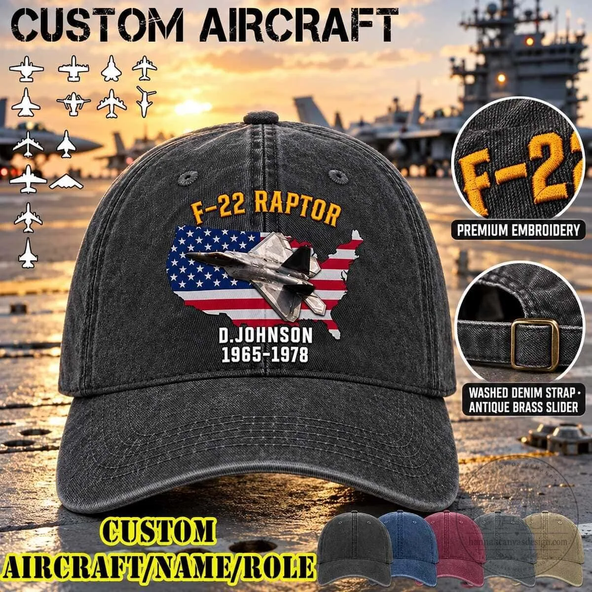 F-22 Raptor Fighter Jet American Flag Washed Denim Baseball Cap Hat