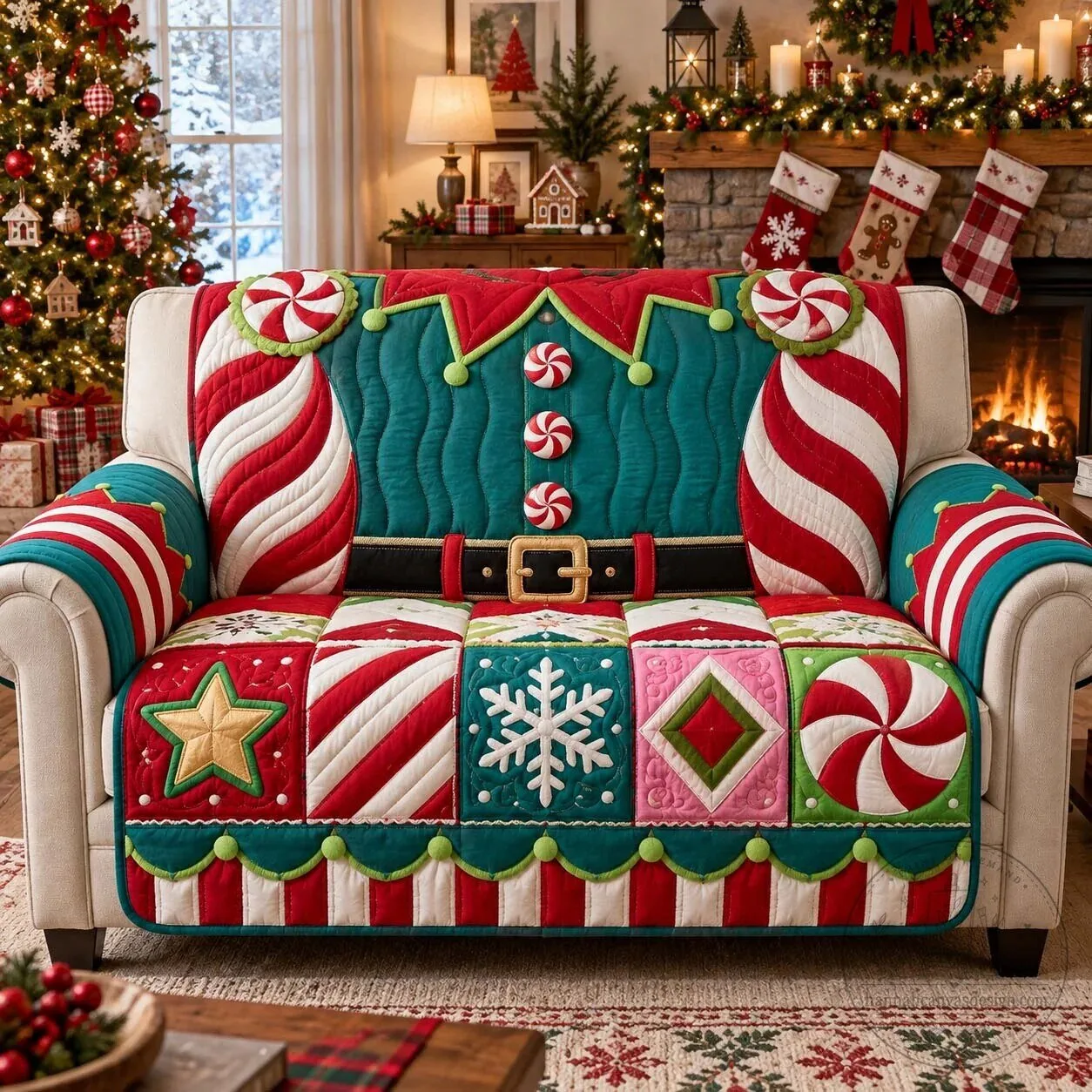 Christmas Elf Candy Cane Quilted Sofa Cover