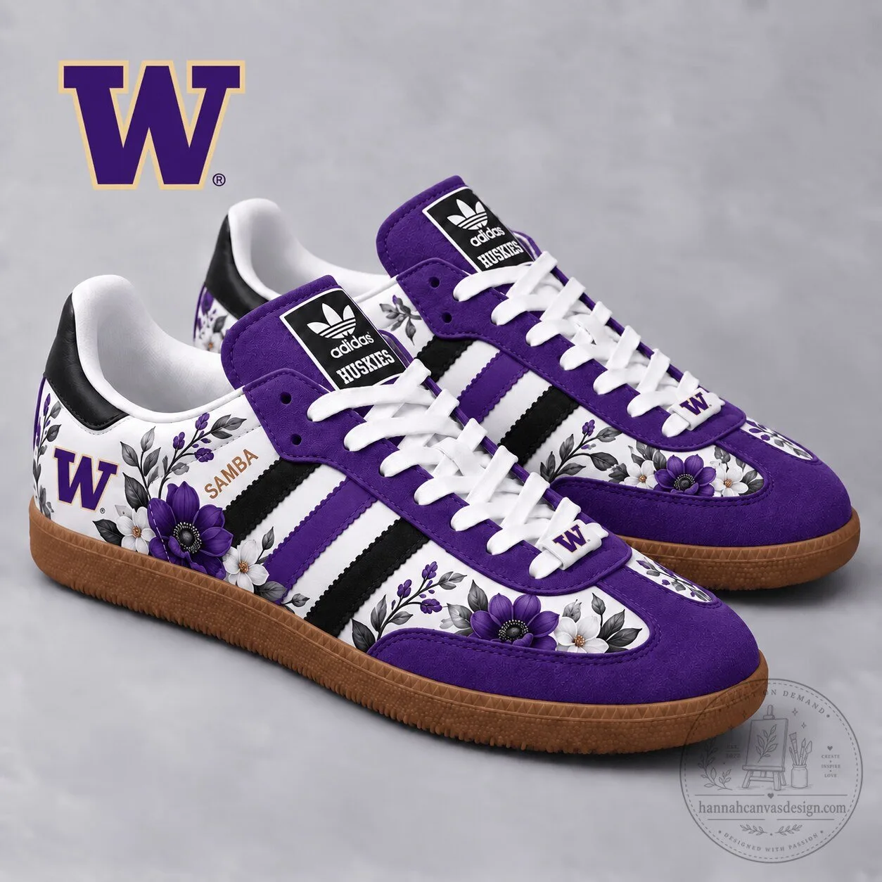 Washington Huskies NCAA Floral Pattern Purple and White Samba Shoes