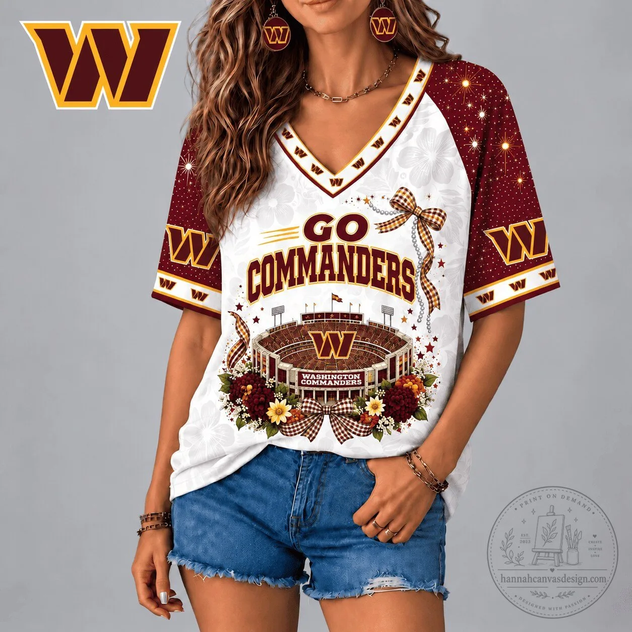 Washington Commanders Football Team Patriotic Floral V-Neck T-Shirt