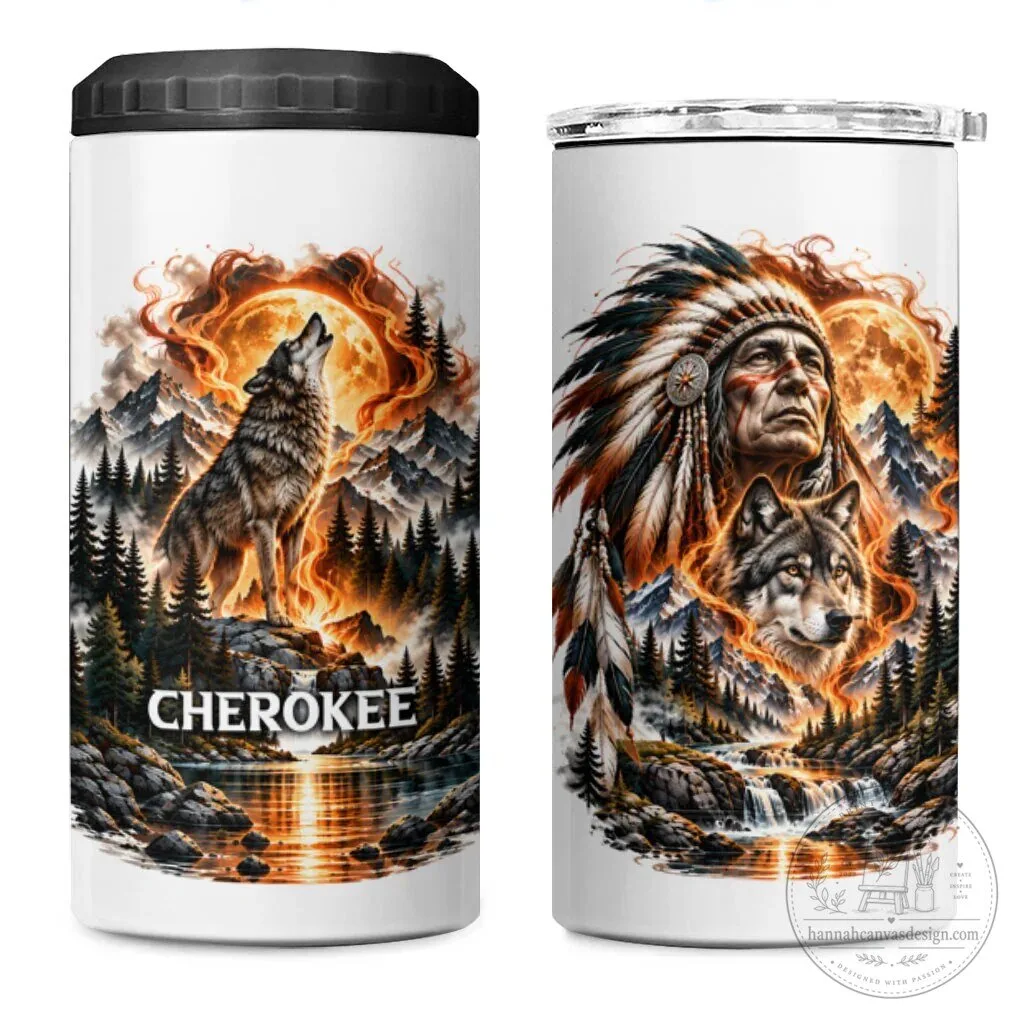 Cherokee Wolf and Native American Chief Fiery Moon Landscape Tumbler