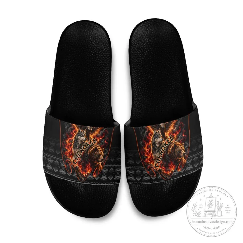 Cherokee Spirit Animals Slide Sandals Fiery Tribal Art Native Geometric Patterns