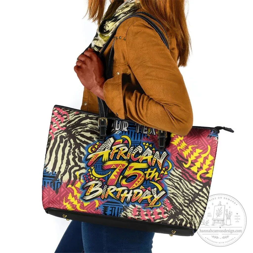 African 75th Birthday Colorful Tribal Striped Heritage Art Leather Tote Bag