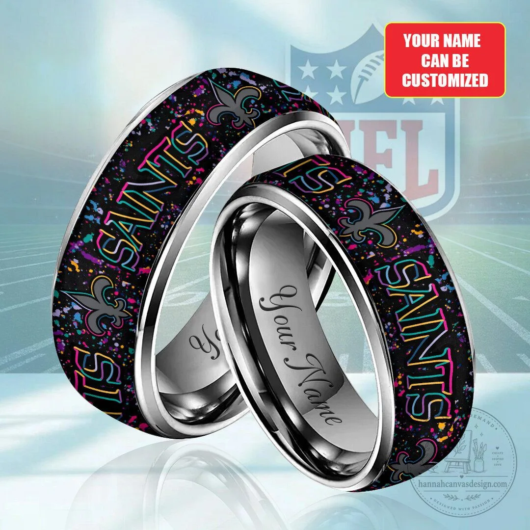New Orleans Saints Crucial Catch Personalized Black Stainless Steel Ring