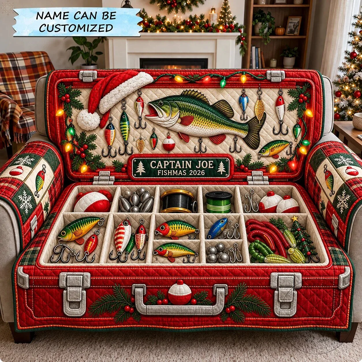 Christmas Fishing Tackle Box Quilted Sofa Cover