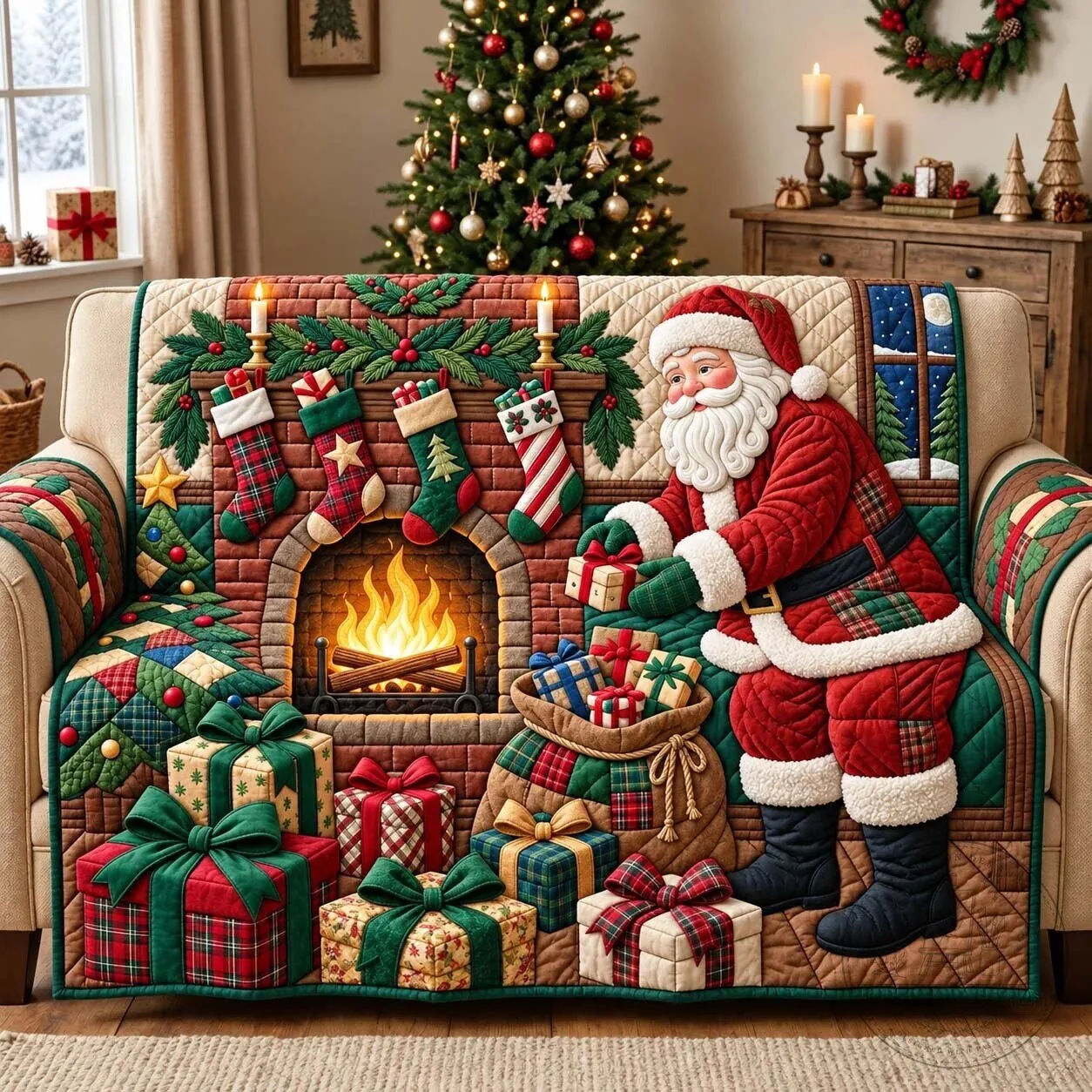 Christmas Santa Claus Fireplace Quilted Sofa Cover for Holiday Decor