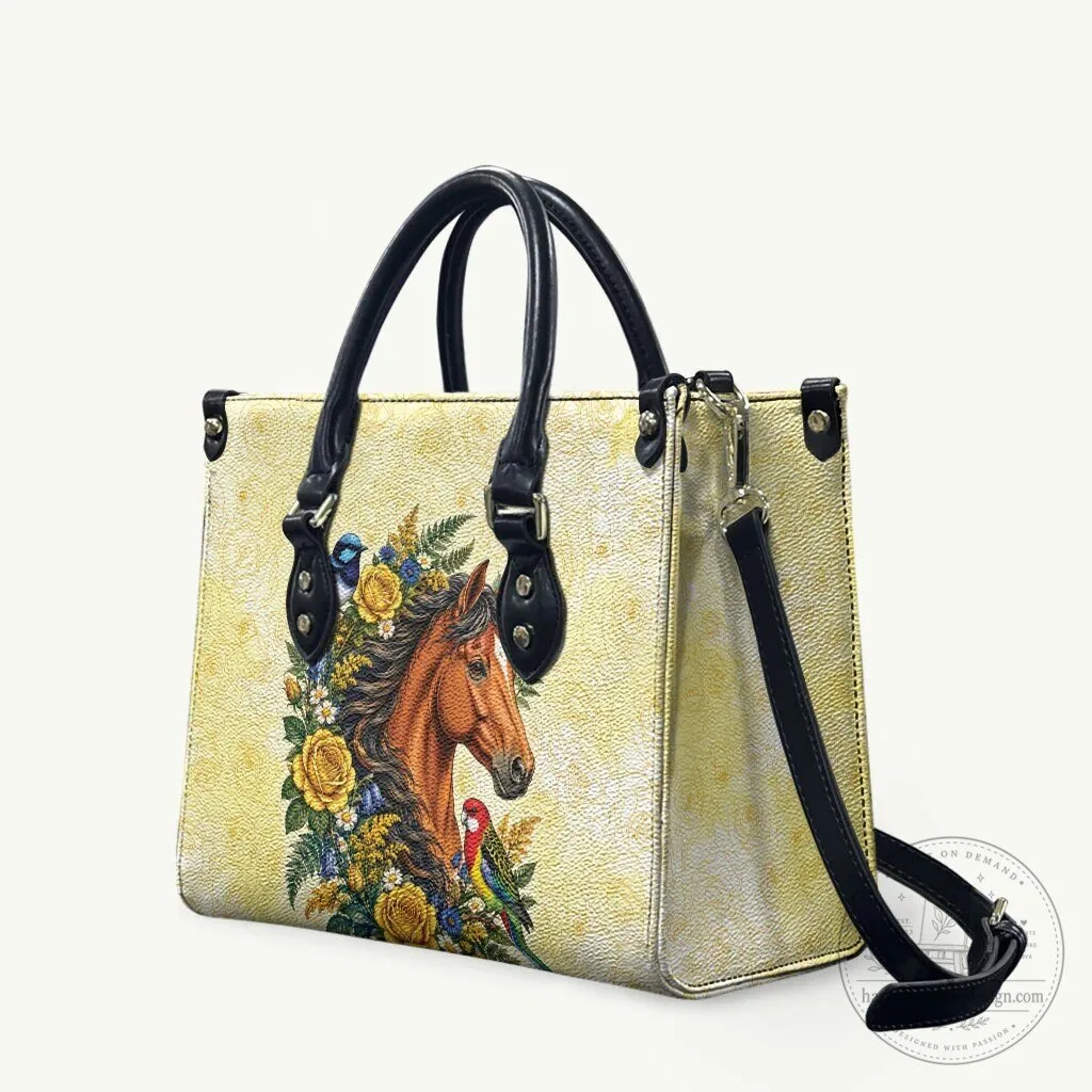 Horse and Yellow Rose Wreath Floral Design Leather Handbag with Shoulder Strap